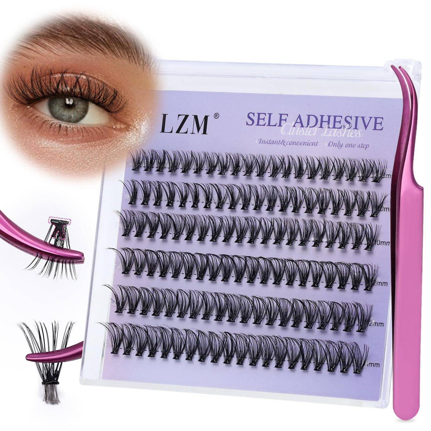 Selbstklebende falsche Wimpernverlängerungen in einem Etui mit rosafarbenen Applikationszangen und einem Auge, das die getragenen Wimpern zeigt.