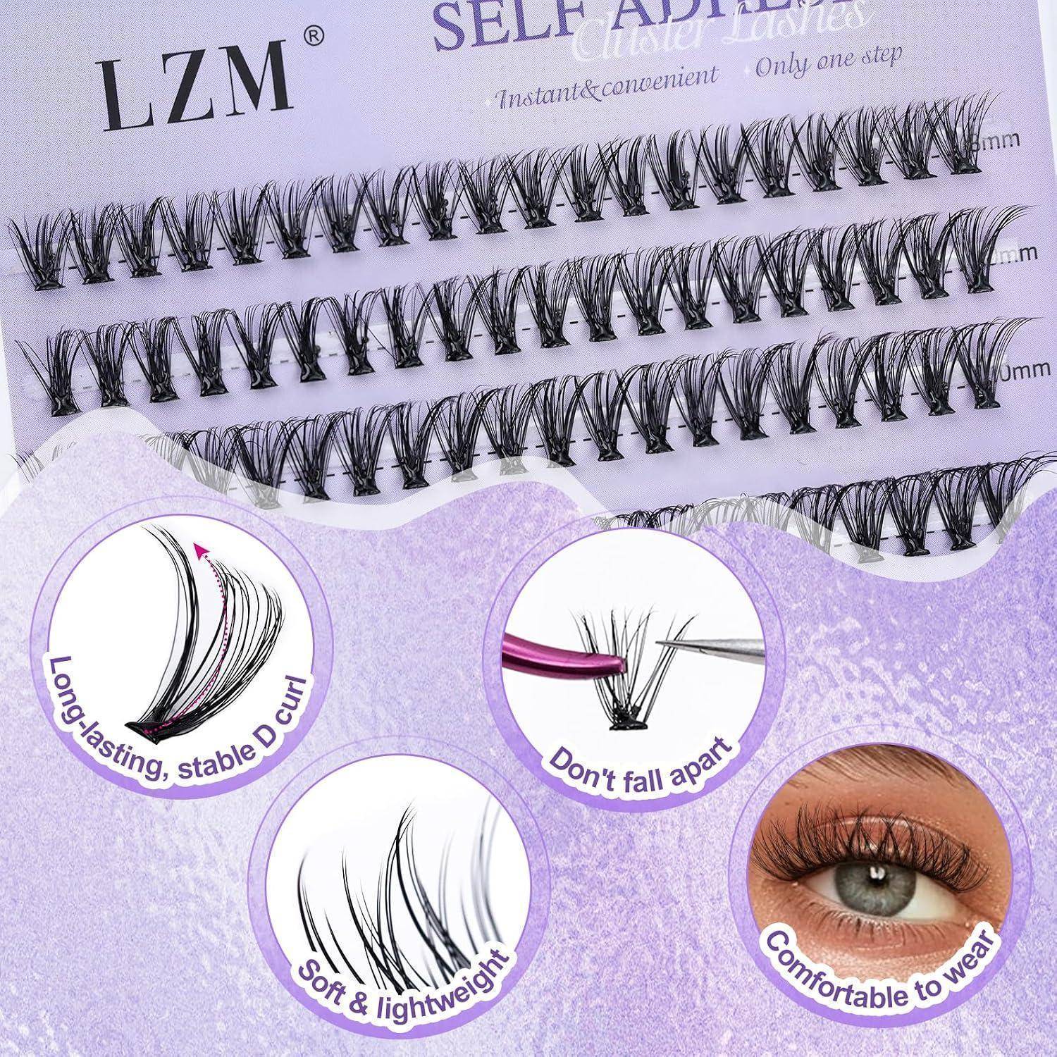 Paket mit selbstklebenden künstlichen Wimpern von LZM mit mehreren Wimpernstreifen und Beschriftungen für langanhaltendes D-Curl, sicherer Halt, weich leicht und komfortables Tragen.