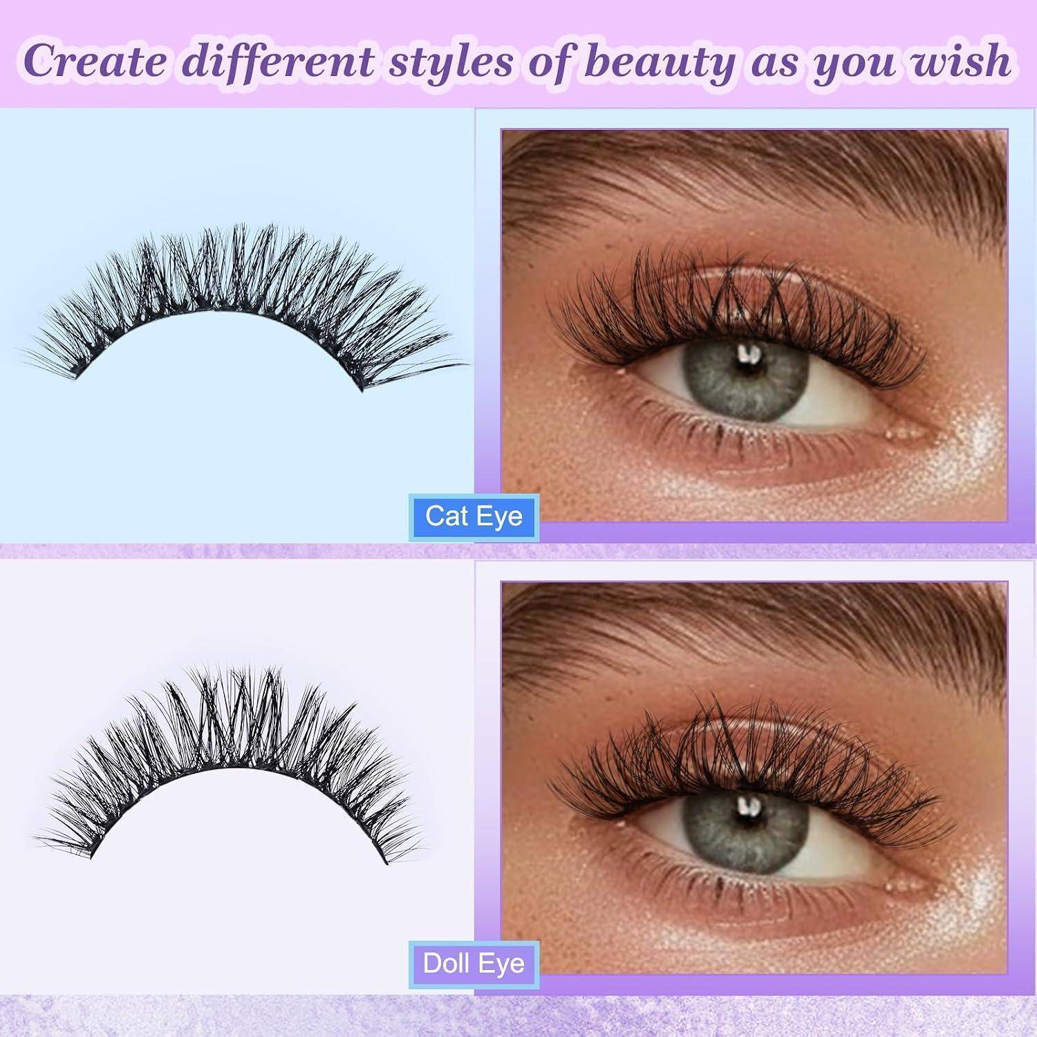 Infografik mit zwei falschen Wimpernstilen und passenden Augenbeispielen: „Cat Eye