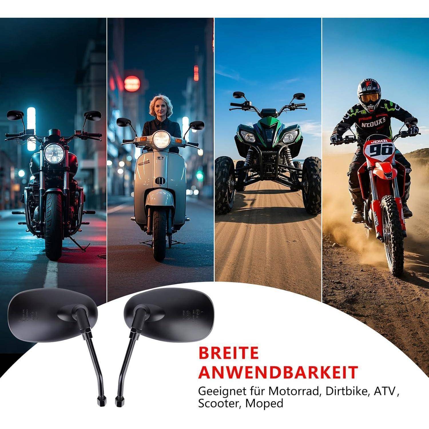 Promotional-Grafik mit Motorradverspiegelungen, vier Fahrzeugen dahinter und deutschem Text „BREITE ANWENDBARKEIT