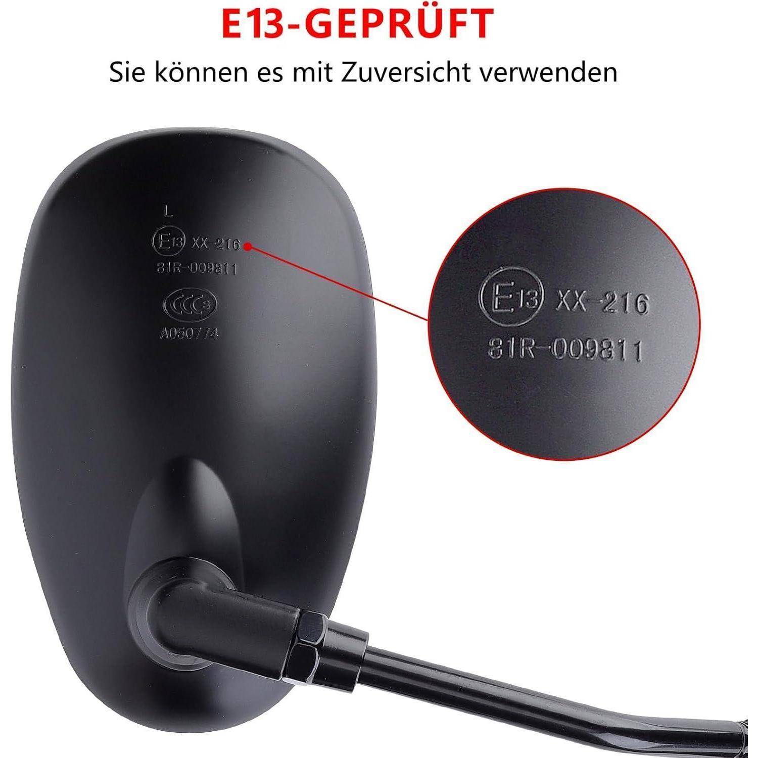 Schwarzer Seitenspiegel mit E13-Genehmigungsmarkierungen, hervorgehoben durch eine vergrößerte Einführung; Text besagt „E13-GEPRÜFT