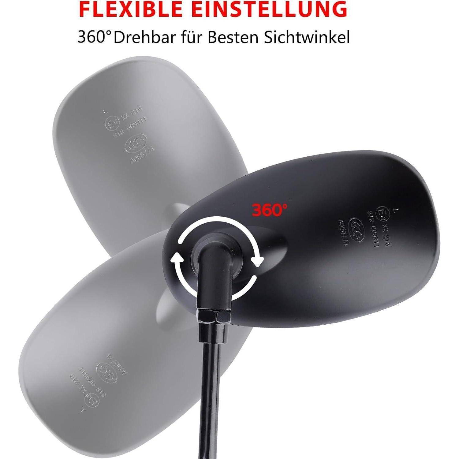 Knochenförmiger 360-Grad verstellbarer Spiegel, dargestellt mit Pfeilen und dem Text „FLEXIBLE EINSTELLUNG