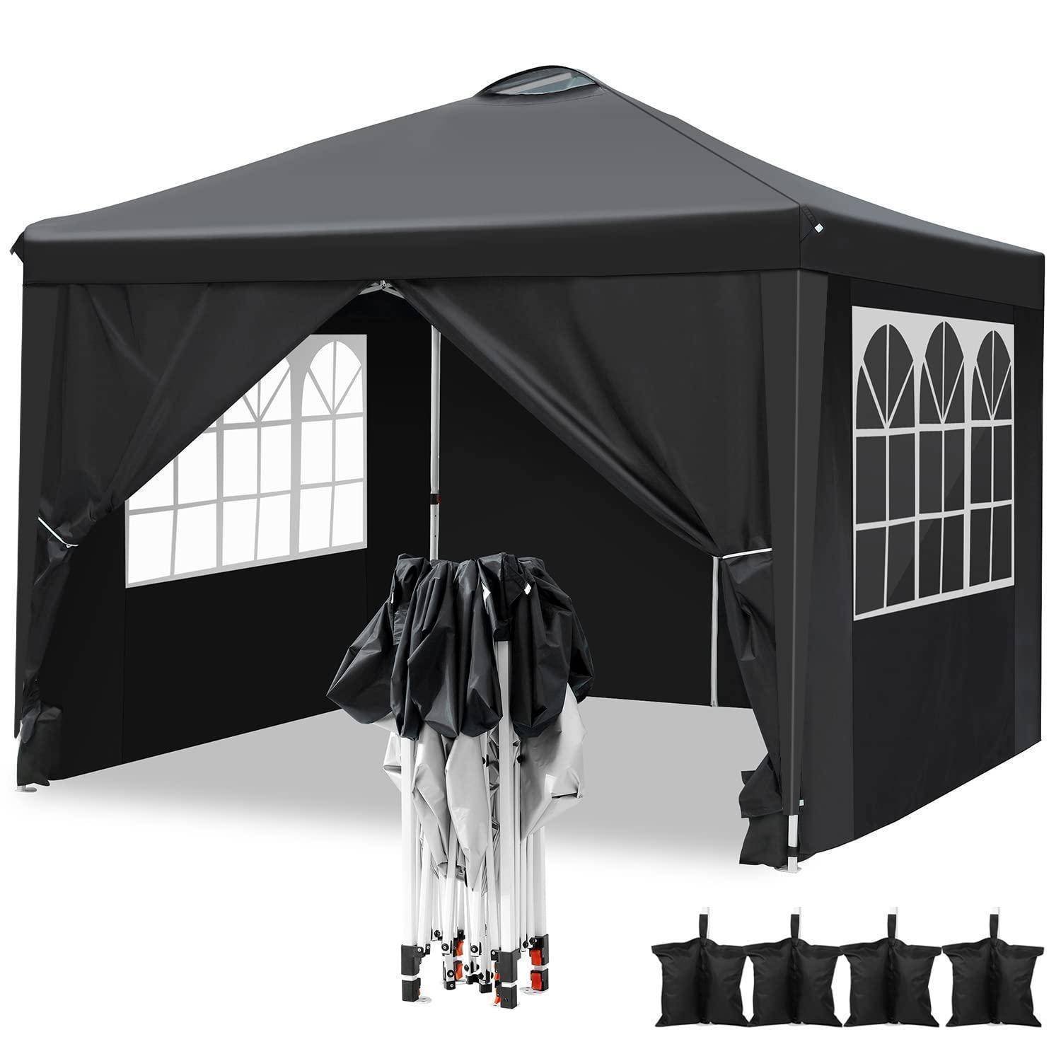 Schwarzes Outdoor-Pavillon-Zeltdach mit Mesh-Fenstern und Seitenwänden, gezeigt mit seinem eingeklappten Gestell und einer Tragetasche.