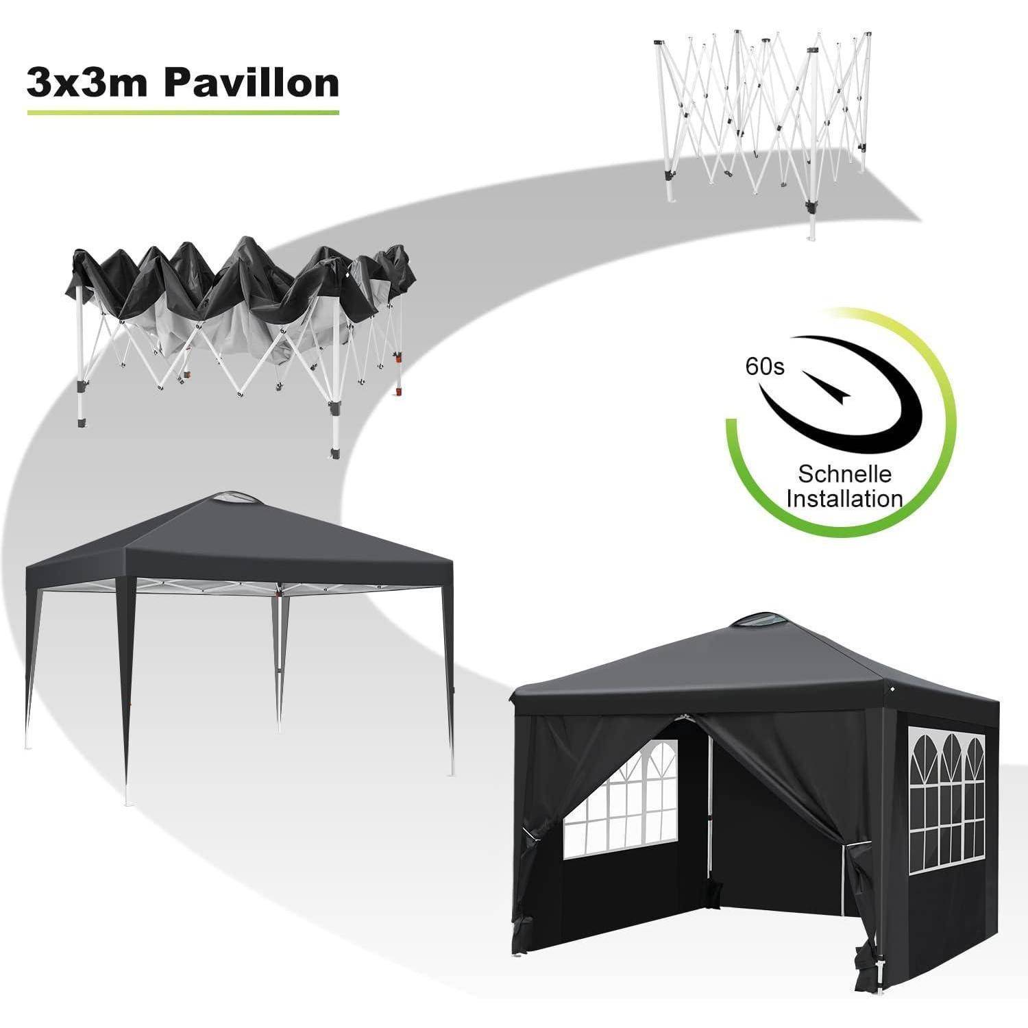 Werbegrafikfür einen 3x3m Pavillon mit einem Popup-Zelt in gefalteter, Rahmen- und montiertem Zustand mit '60er Schnelle Installation' Schnellaufbau-Symbol.