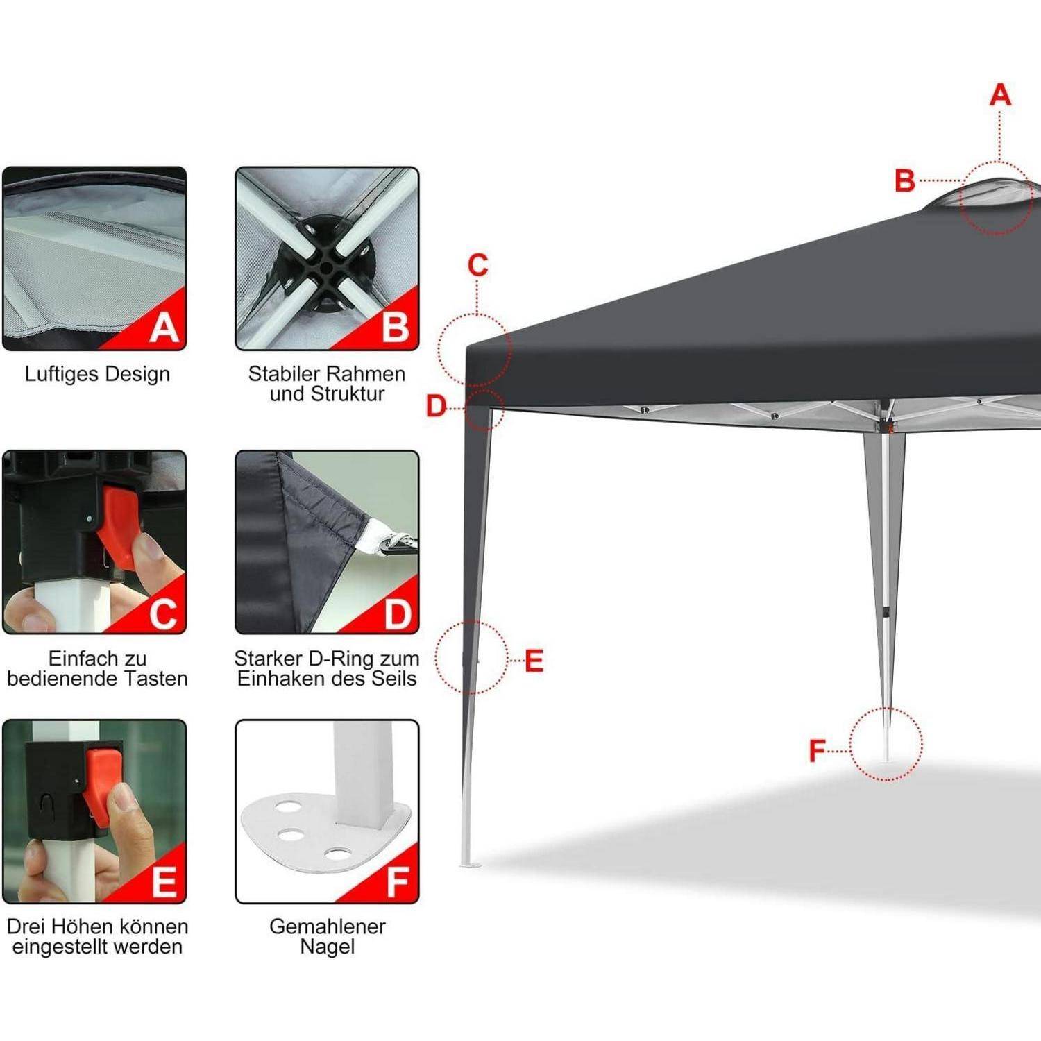 Kommentiertes Produktdiagramm eines Pavillonzelts mit sechs beschrifteten Merkmalen: leichtes Design, stabiler Rahmen, einfache Knöpfe, starke D-Ring-Seilbefestigung, einstellbare Höhen und Bodennagelns.