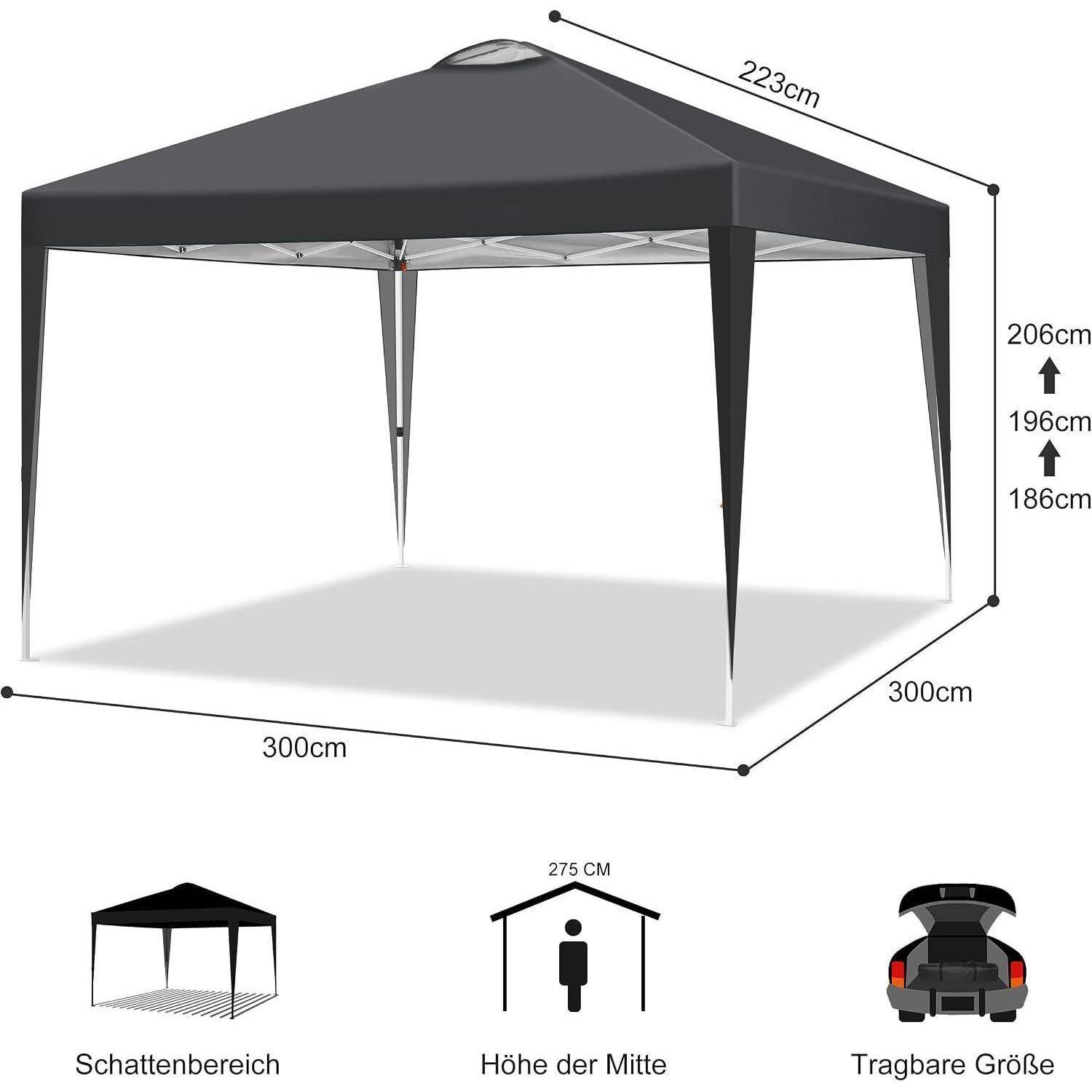 Schwarzes Pop-up-Baldachindach mit angegebenen Abmessungen: 300 cm quadratische Grundfläche, 223 cm Dachbreite und verstellbare Höhe 186-206 cm, plus Größen- und Schattenflächen-Symbole.