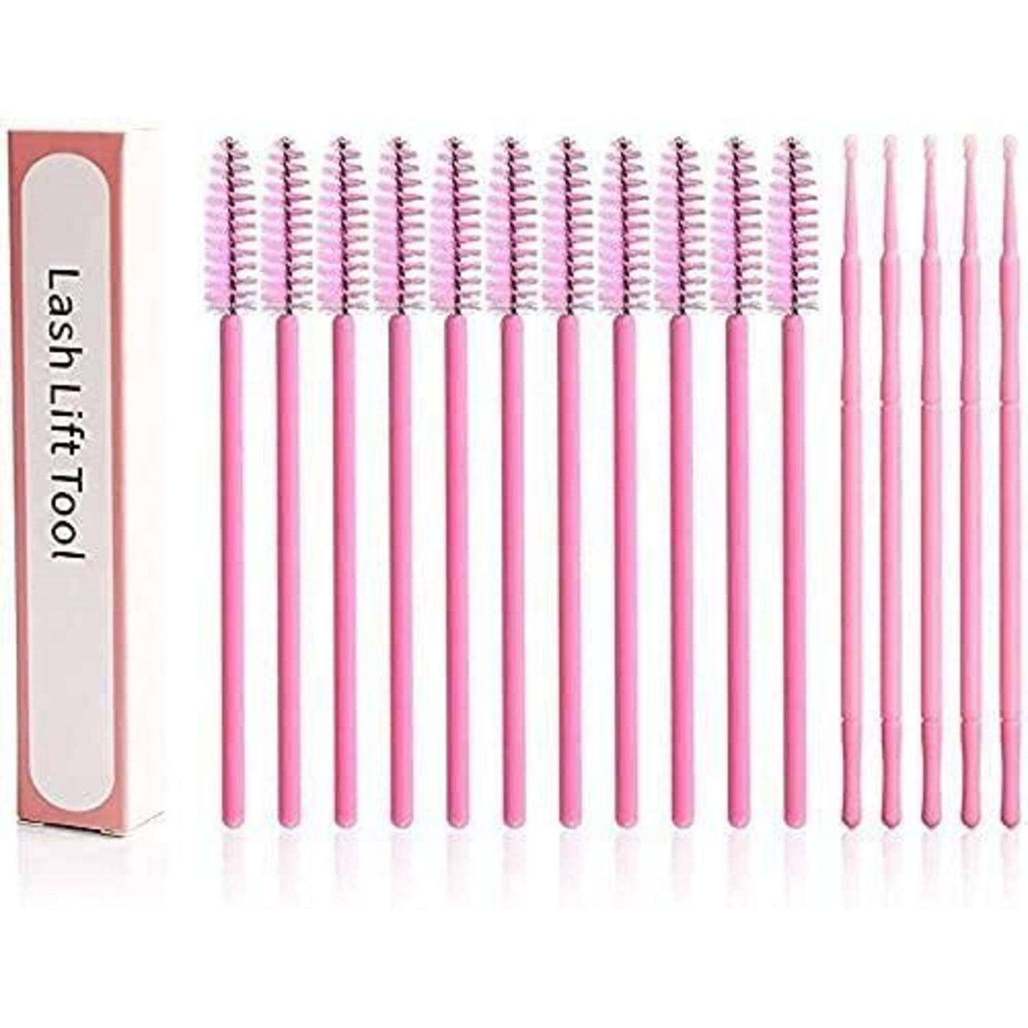 Rosa Wimpernlifting-Werkzeugsatz mit mehreren wegwerfbaren Mascara-ähnlichen Bürsten und einer Schachtel mit der Aufschrift „Lash Lift Tool