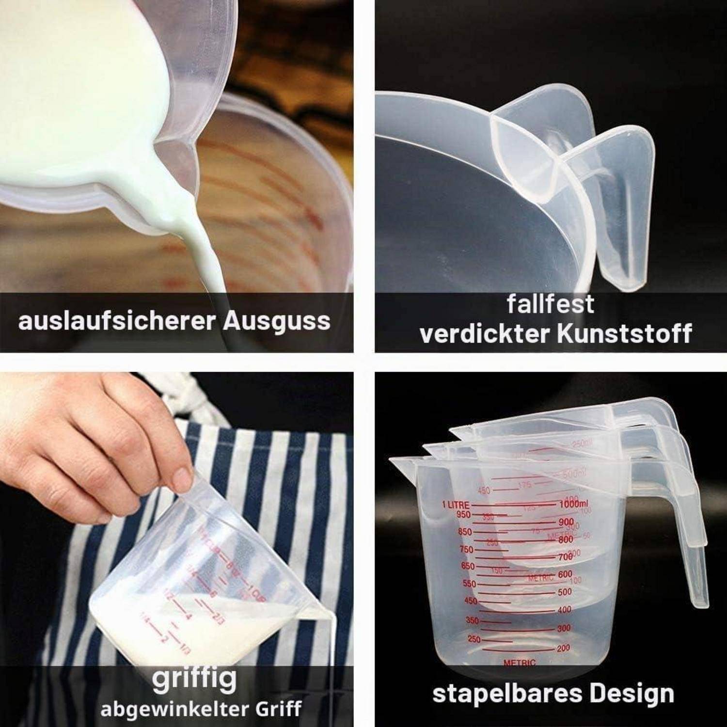 Vierpanel-Produktbild eines durchsichtigen Kunststoff-Messbehälters mit tropffreiem Ausguss, verdicktem Kunststoff, ergonomischem Griff und stapelbarem Design.