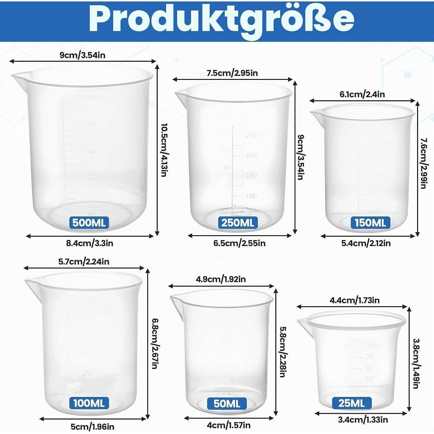 Größentabelle des Produkts mit sechs durchsichtigen Messbechern aus Kunststoff: 500 ml, 250 ml, 150 ml, 100 ml, 50 ml und 25 ml mit Abmessungen in cm und Zoll.