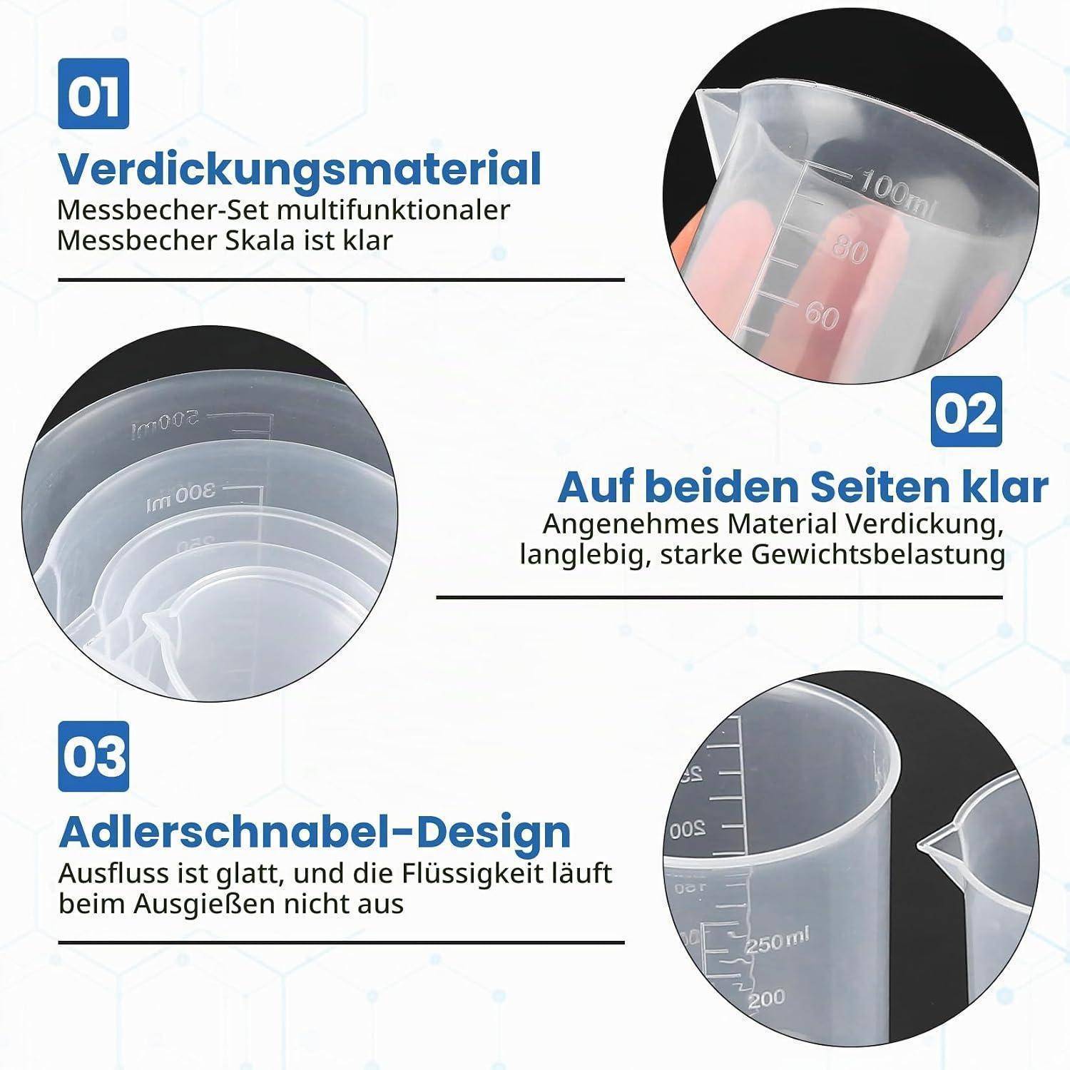 Infografik, die ein klares Messbecherset aus verdicktem Material mit klaren Skalen auf beiden Seiten und einer Adlerschnabel-Ausgießer für sanftes, tropfenfreies Ausgießen zeigt.