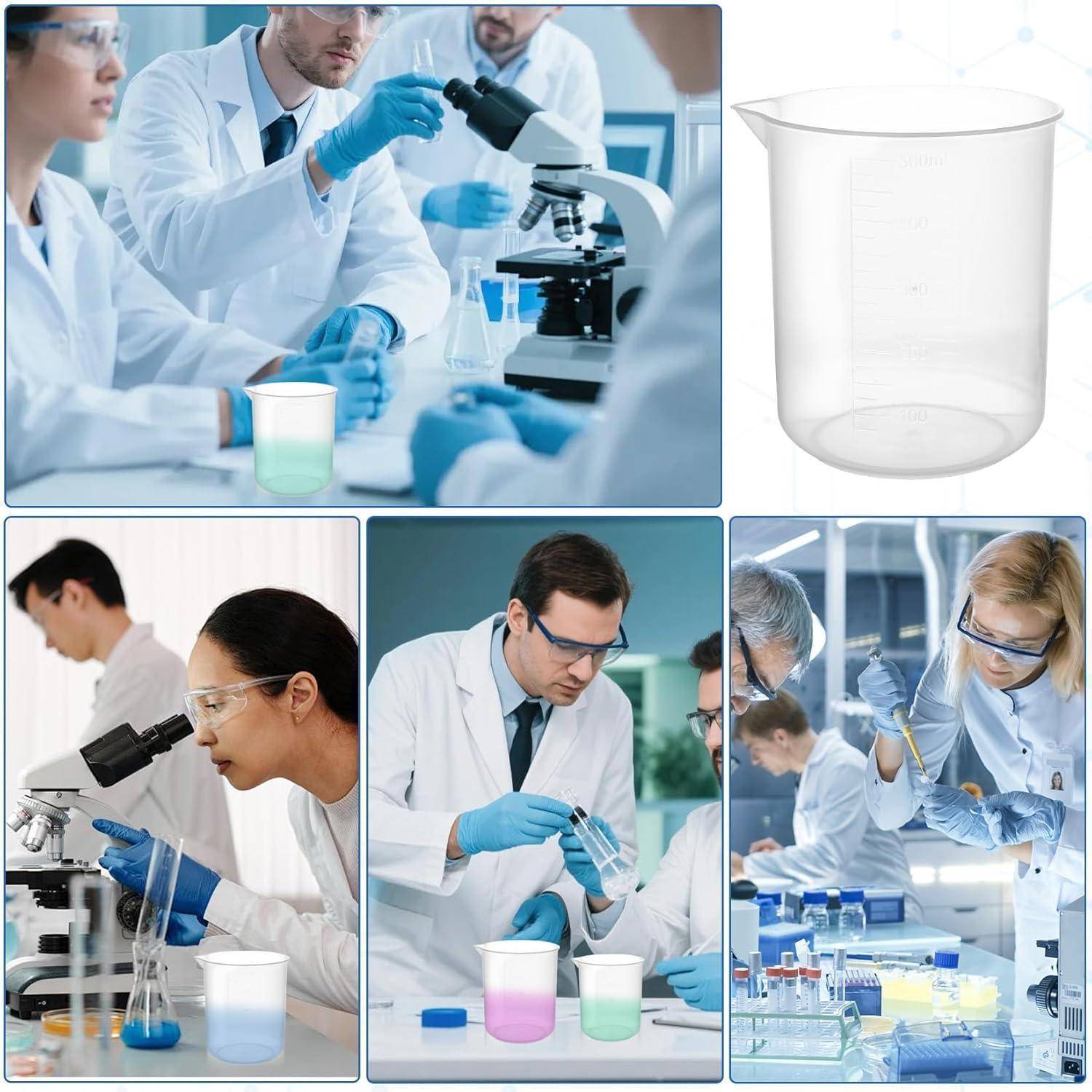 Collage von Wissenschaftlern in einem Labor, die Mikroskope, Pipetten und Becher verwenden; enthält einen klaren Laborbecherglas auf der rechten Seite.