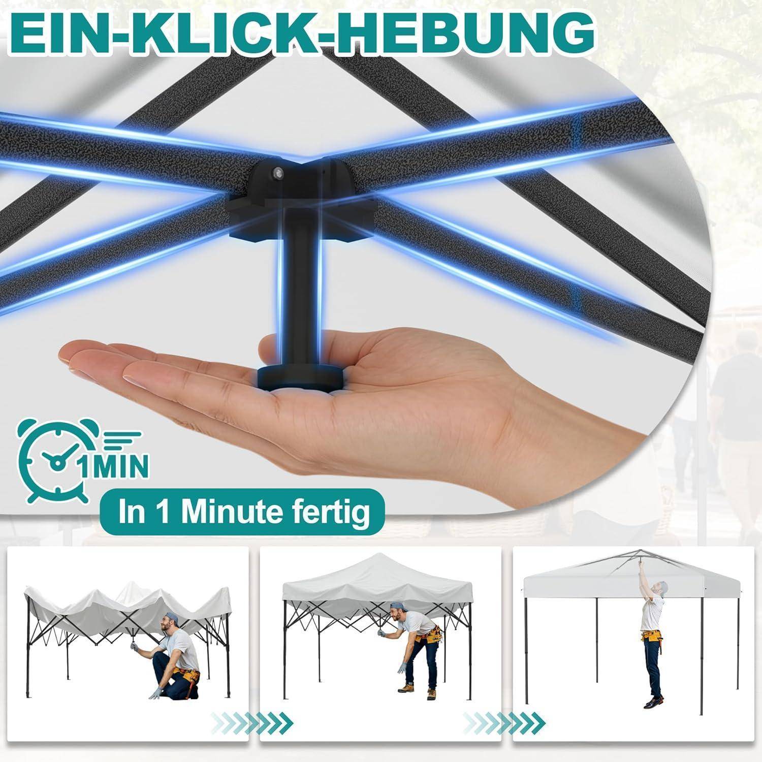 Werbekarte zeigt ein Popup-Zelt, das mit einer Hand hochgehoben wird, beschriftet mit 