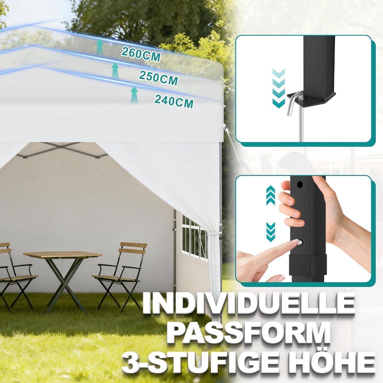 Werbebild eines weißen Pop-up-Zelts mit drei einstellbaren Höheneinstellungen mit den Bezeichnungen 240 cm, 250 cm und 260 cm, mit Nahaufnahmen des Verriegelungsmechanismus und der Höhenverstellung.