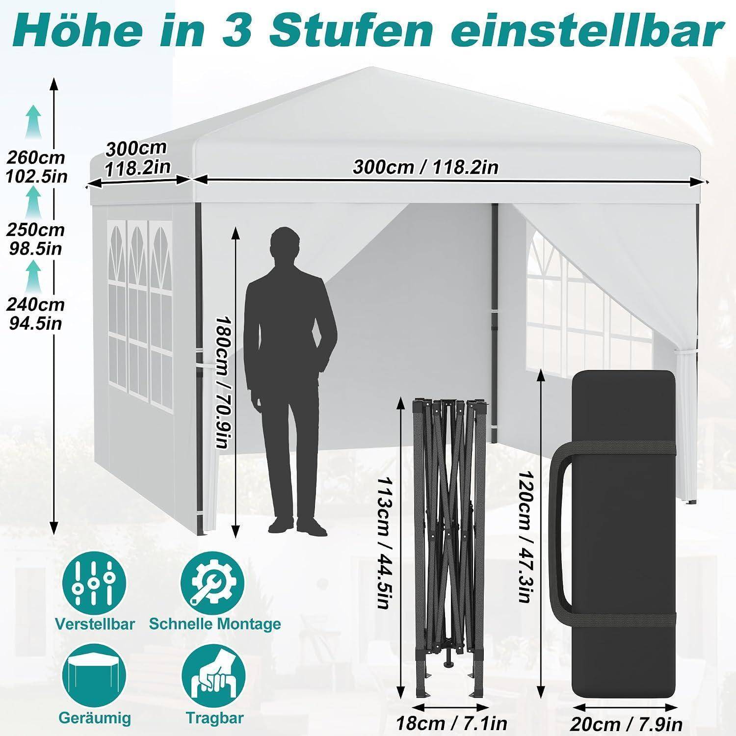 Abbildung eines Pop-up-Pavillon-Zeltes mit "Höhe in 3 Stufen einstellbar""; zeigt verstellbare Höhen von 240, 250, 260 cm, 300 cm Breite und Tragetasche/tragbare Funktionen.