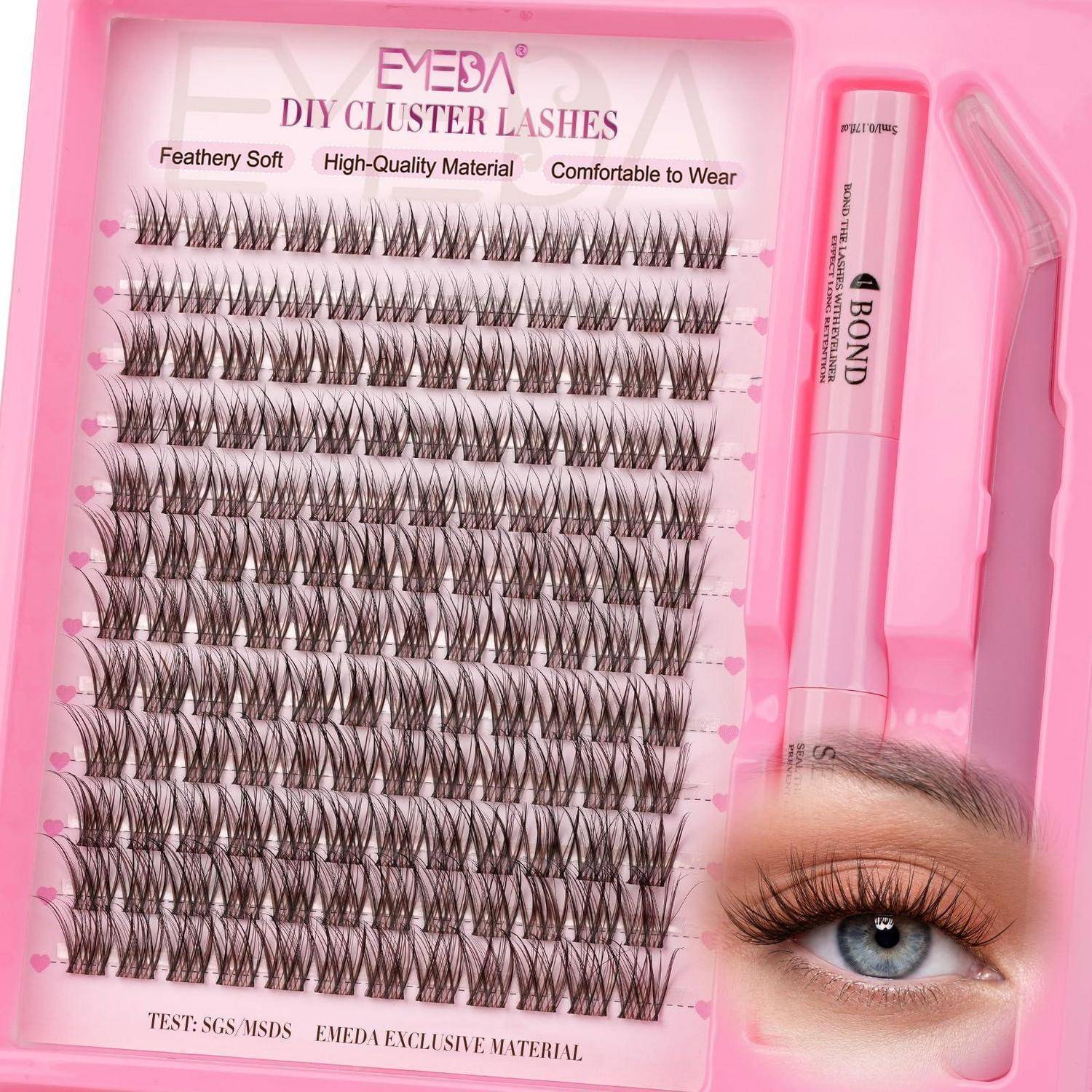 Pinkes Set zum Selbermachen von Cluster-Wimpern, das mehrere Streifen mit künstlichen Wimpern, einen BOND-Applikator und ein Augenbeispiel mit angebrachten Wimpern zeigt.