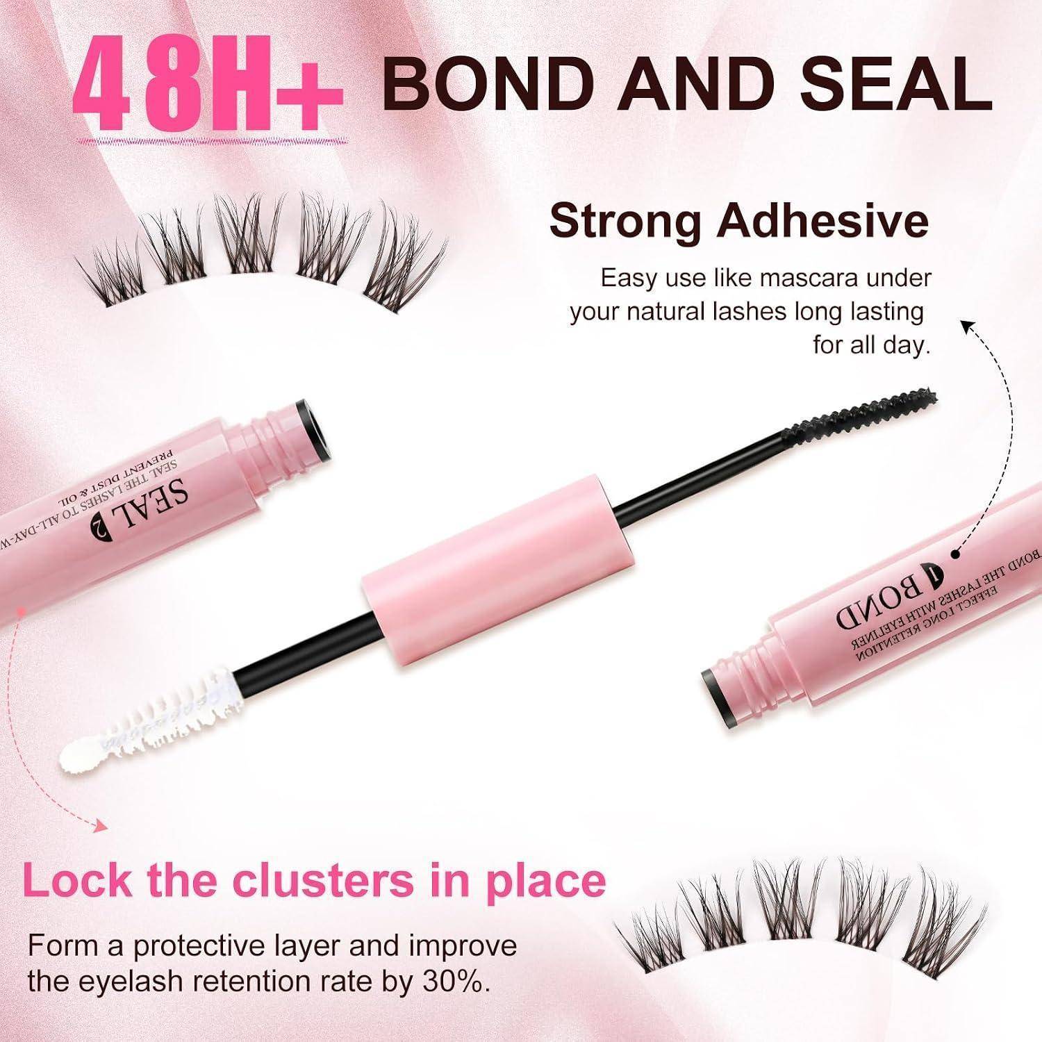 Werbegrafik für '48H+ BOND AND SEAL' Wimpernkleber, zeigt einen maskara-ähnlichen Applikator, falsche Wimpernbüschel und Text über starken Kleber und 30% bessere Haltbarkeit.