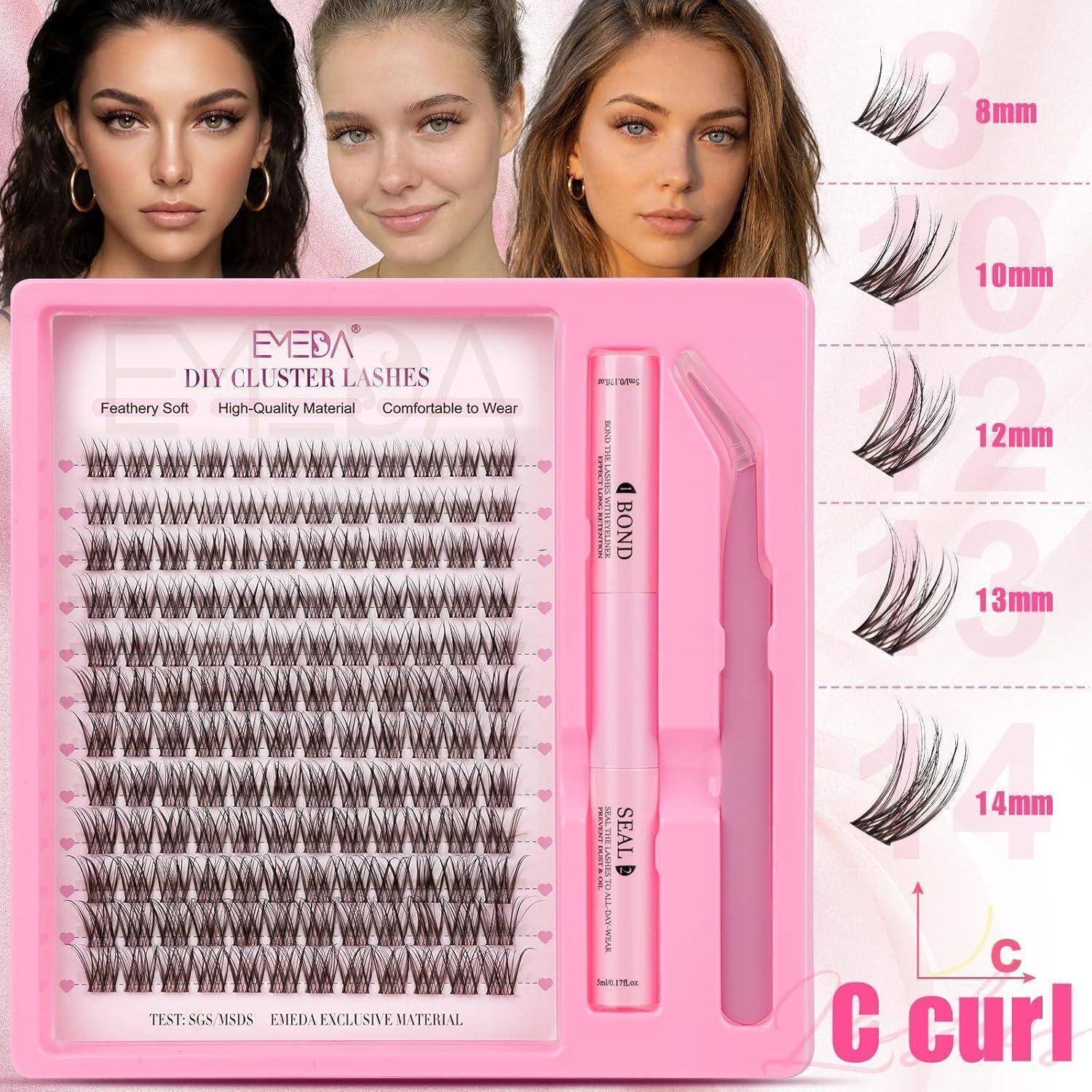 Wunderschönes Schönheitsprodukt von EMDA zum Selbermachen von Cluster-Wimpern, das Wimpern-Cluster, Wimpern-Kleber und Versiegelungswerkzeuge sowie Beispiele von 8 mm bis 14 mm C-Curl-Wimpernstilen zeigt.