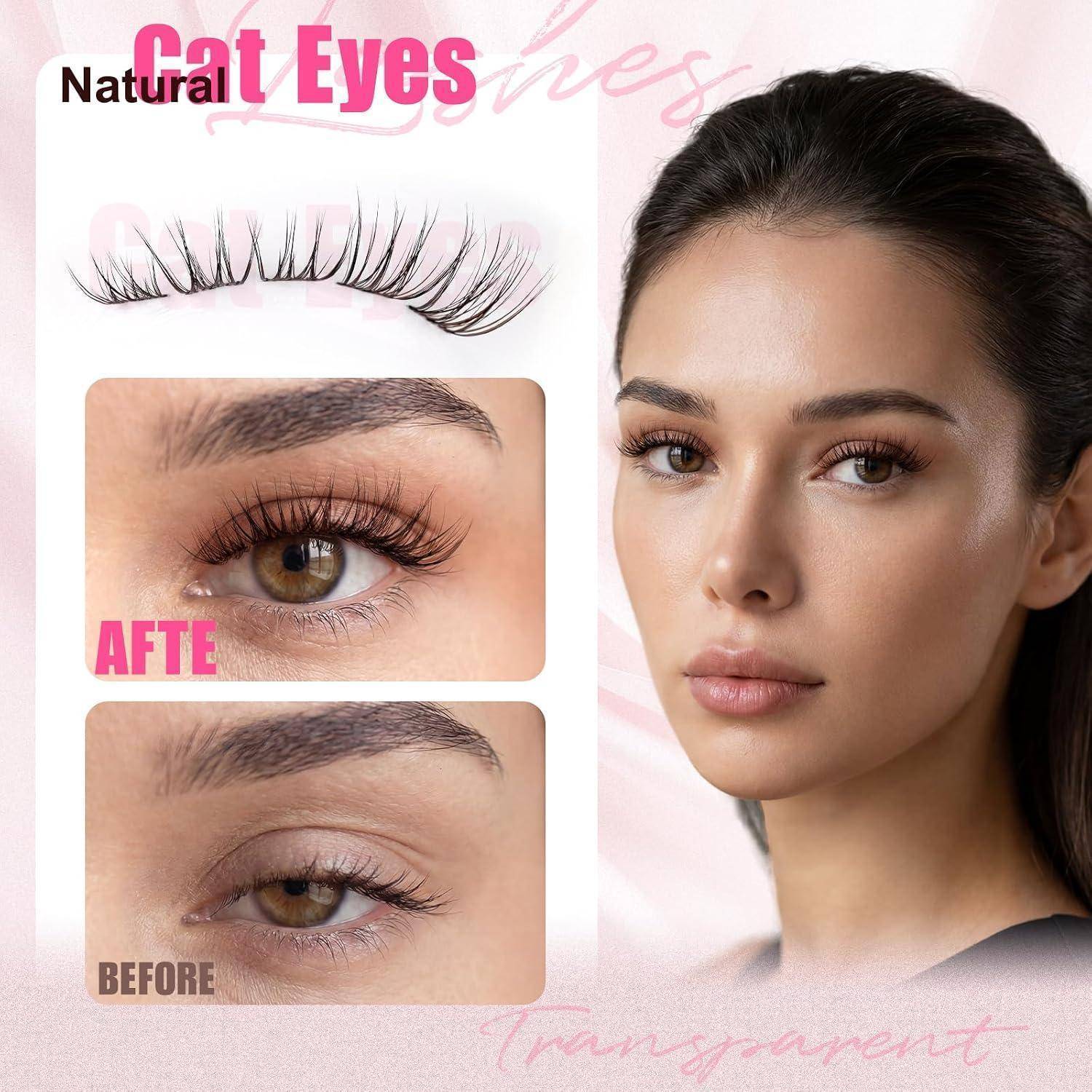 Werbebild für 'Natural Eyes' transparente Wimpern, das den Wimpernstreifen, Vorher-und-Nachher-Nahaufnahmen und eine Frau mit natürlich aussehenden künstlichen Wimpern zeigt.