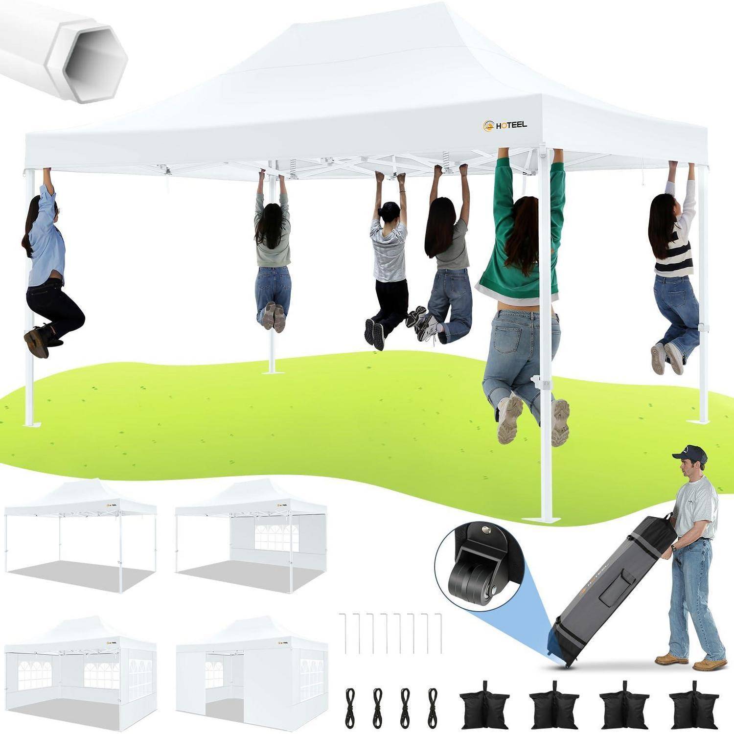 Menschen, die von einem weißen Pop-Up-Zeltzelt herunterhängen, mit Detailaufnahmen, die Zeltteile und eine Person zeigen, die einen großen Transportkoffer transportiert.