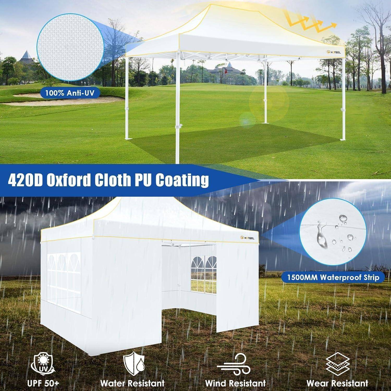 Werbegrafikaufnahme eines weißen Outdoor-Pavillon-Zelts mit den Angaben „100% UV-Schutz", „420D Oxford-Stoff mit PU-Beschichtung"" und „1500-mm-Wasserdichtstreifen"", mit Symbolen für UV-Schutz, Wasser-, Wind- und Verschleißbeständigkeit.