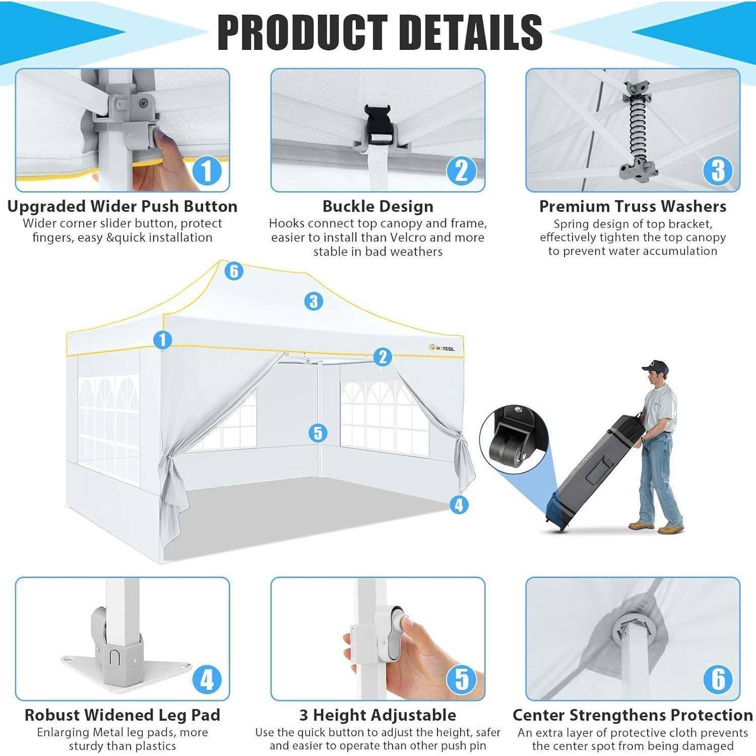 # Produktdetails-Infografik für ein Pavillon-Zelt mit sechs Funktionen: breiterer Druckknopf, Schnallenentwurf, Premium-Traversen-Unterlegscheiben, verbreitertes Beinpolster, 3-fach höhenverstellbar und Mittelpunktschutz.