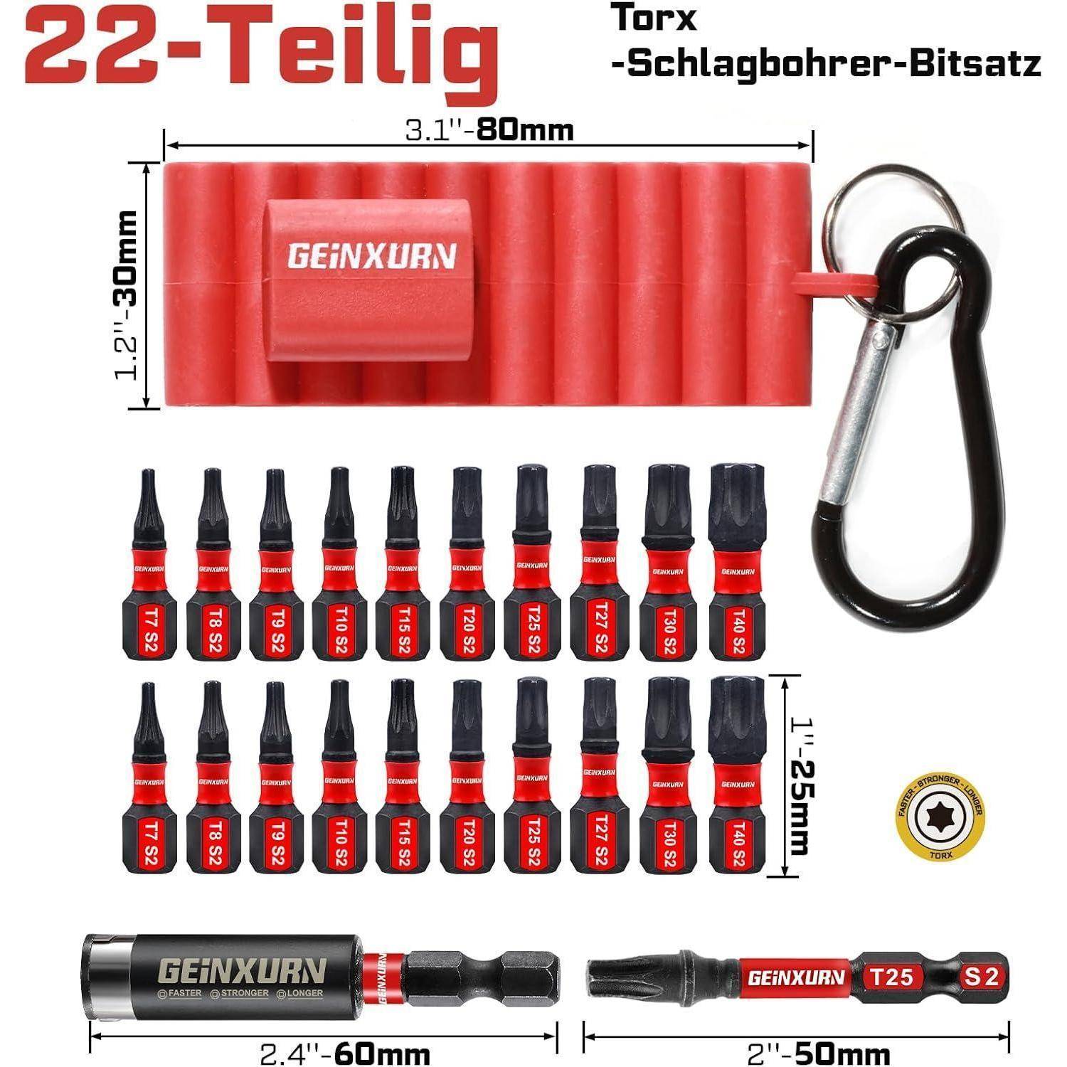 22-teiliger Torx-Schraubendreher-Bit-Satz in einem roten Halter mit Karabiner, zeigt Bit-Größen und zwei enthaltene magnetische Bit-Halter.