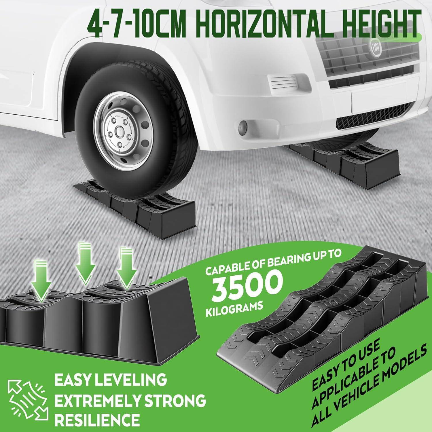 Infografik mit schwarzen Fahzeug-Nivellierkeilern unter einem Autorad, mit Text: '4-7-10CM HORIZONTALE HÖHE', 'TRAGFÄHIGKEIT BIS ZU 3500 KILOGRAMM', und 'EINFACH ZU VERWENDEN ANWENDBAR AUF ALLE FAHRZEUGMODELLE'.