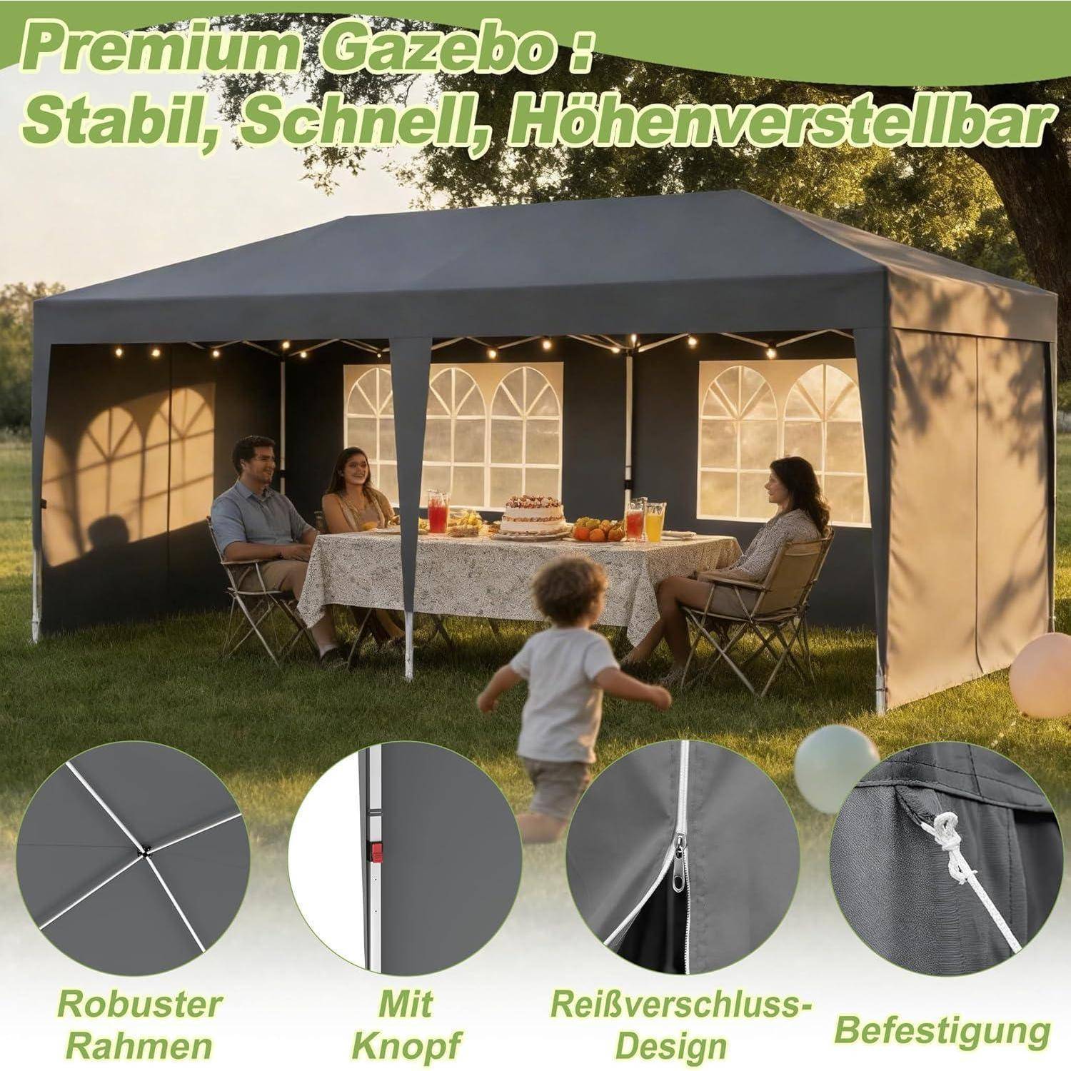 Foto eines grauen Premium-Pavillons mit einer Familie, die darin speist; deutscher Text besagt „Premium Pavillon: Stabil, Schnell, Höhenverstellbar" und hebt robustes Gestell, Knöpfe, Reißverschlüsse und Befestigungen hervor.