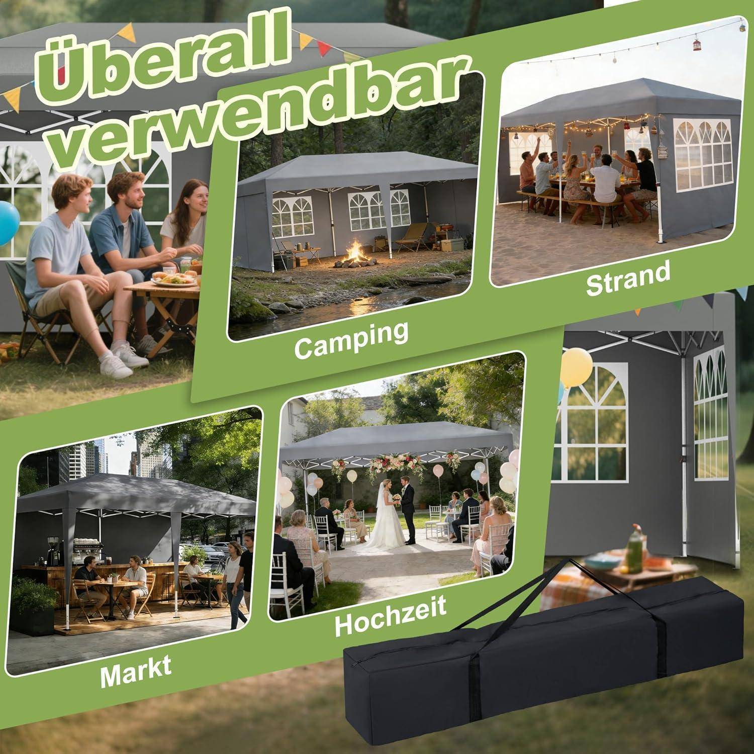 Werbekollage zeigt ein graues Pop-up-Zelt für Camping, Strand, Markt und Hochzeitsfeiern, beschriftet mit "Überall verwendbar"" und ""Camping"", ""Strand"", ""Markt"", ""Hochzeit"".
