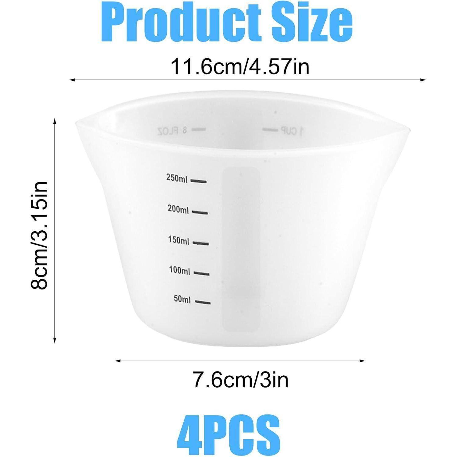 Produktgrößentabelle für einen transparenten Messbehälter: 11,6 cm breit, 8 cm hoch, 7,6 cm Basisbreite, markiert von 50 bis 250 ml, verkauft als 4er-Set.