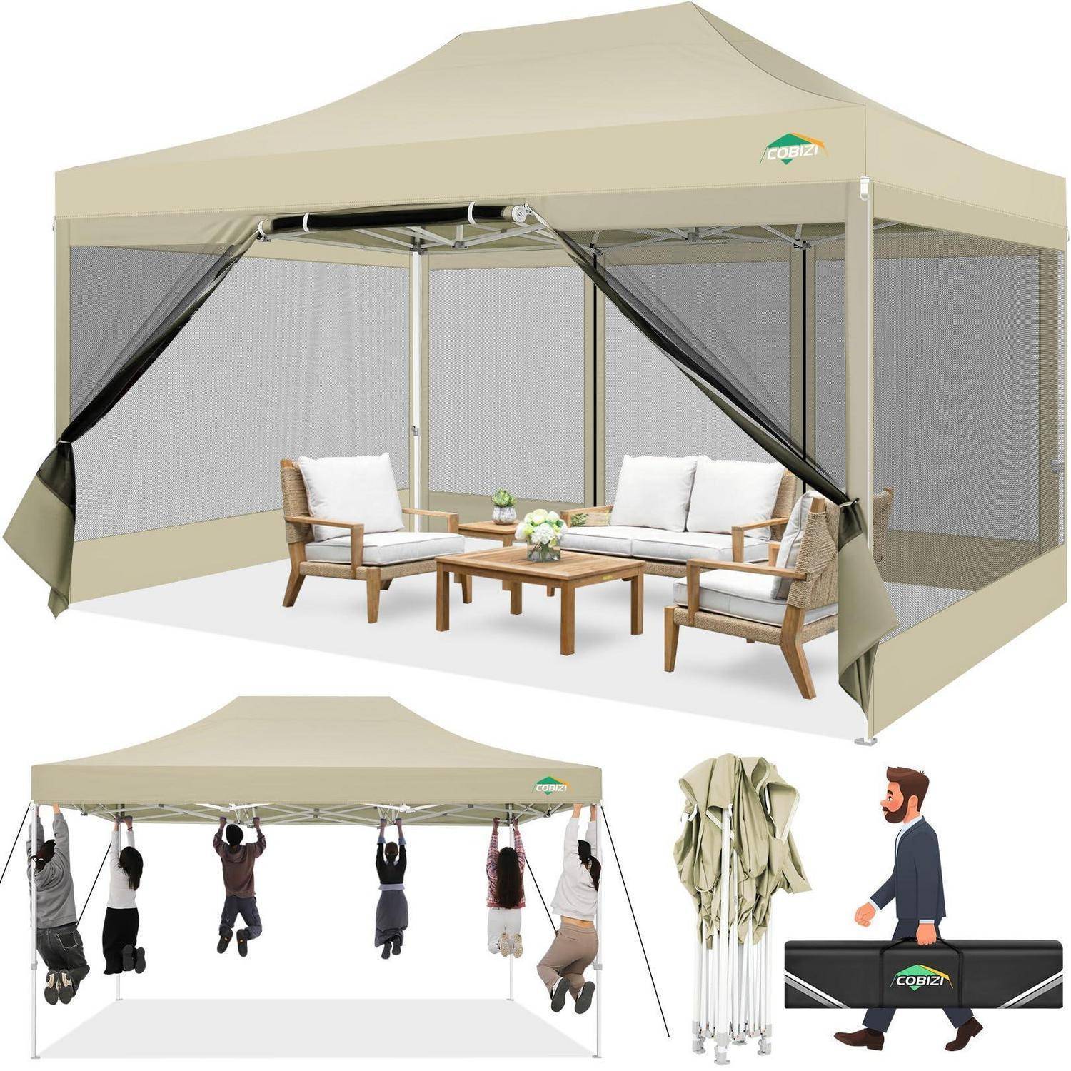 Pop-up Baldachine, dargestellt im offenen und geschlossenen Zustand, mit Maschengeweben an den Seitenwänden, Vorhängen, Terrassenmöbeln und Personen, die während des Aufbaus am Rahmen hängen; enthält eine Tragetasche.