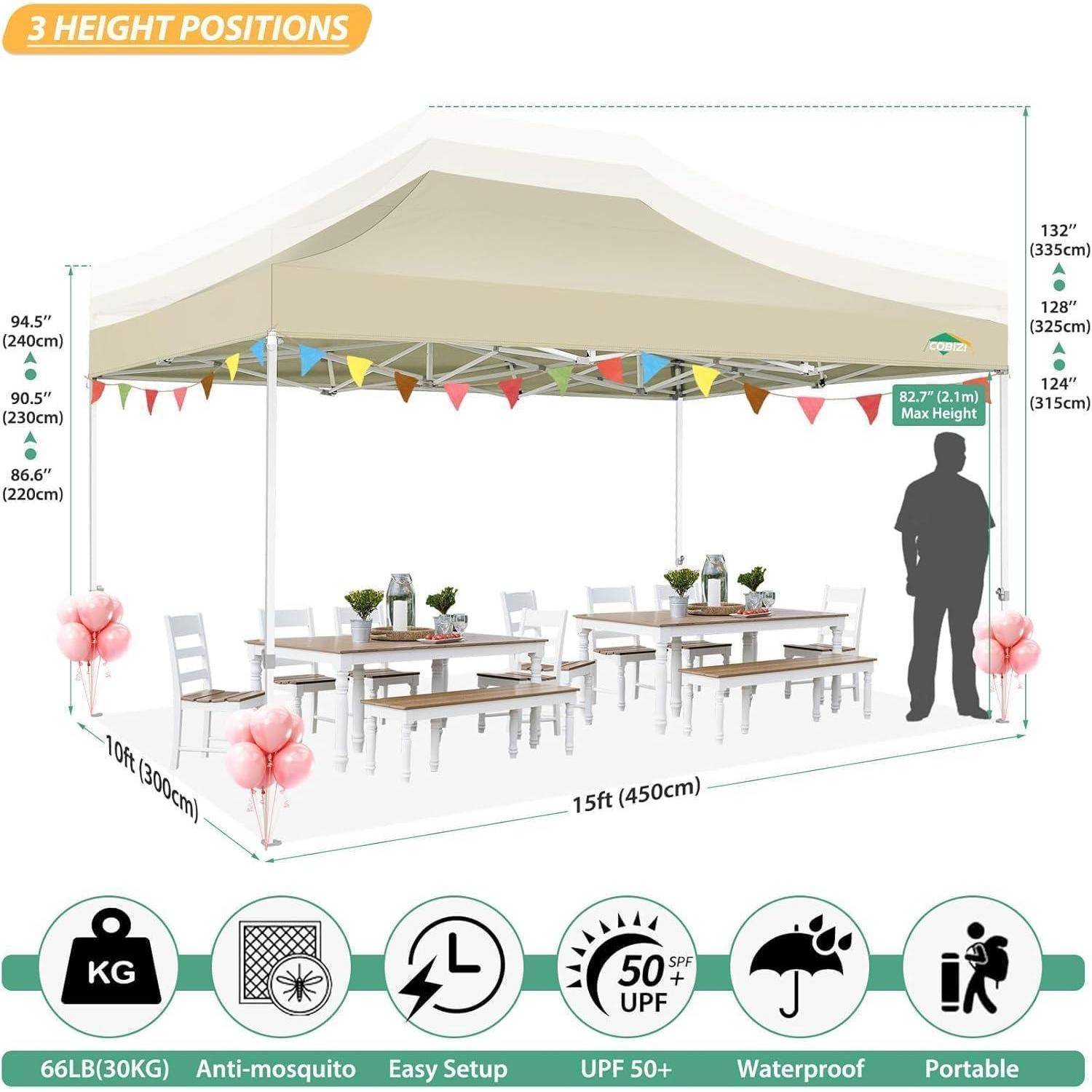 Illustration eines beigen 3 x 4,5 m Pop-up-Baldachins mit „3 Höhenpositionen", maximale Höhe 2,5 m und Symbolen für 30 kg, Antimücken, einfacher Aufbau, UPF 50+, wasserdicht und tragbar.