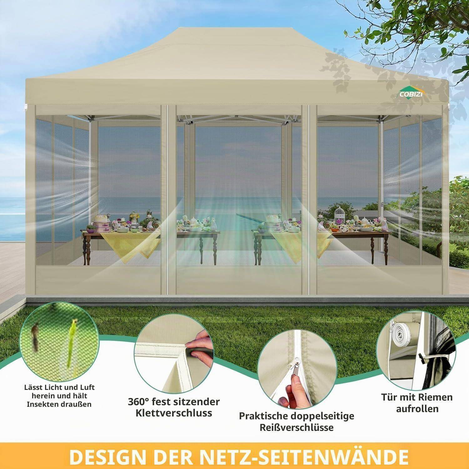 Outdoor-Pavillon mit Maschendraht-Seitenwänden und Reißverschlussdüren, am Meer gezeigt, mit deutschen Beschriftungen, die Insektenschutz, Klettverschluss, Reißverschlüsse und aufrollbare Türen hervorheben.