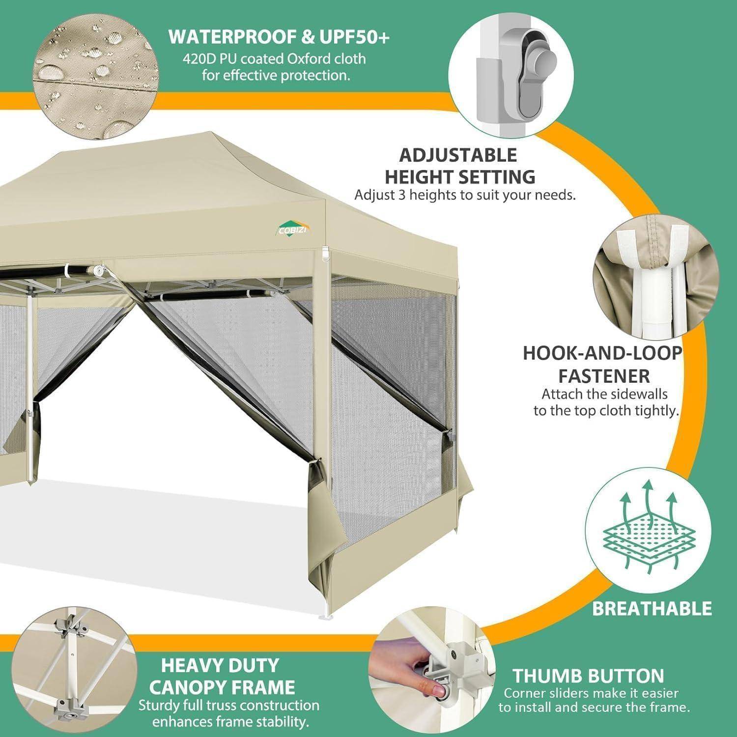 Infografik eines beigen Pop-up-Pavillon-Zelts mit beschrifteten Merkmalen: wasserdichtes UPF50+-Gewebe, verstellbare Höhe, Klettverschluss, atmungsaktive Seitenwände und robuster Rahmen.