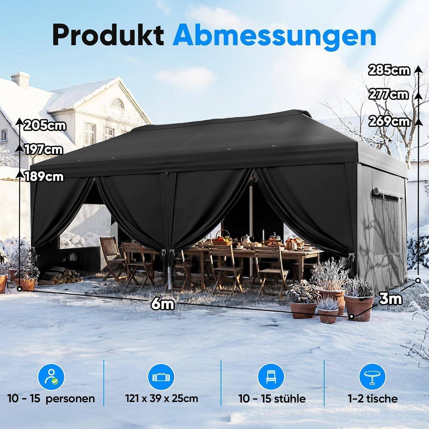 Illustrierte Produktabmessungen eines schwarzen Pop-Up-Pavillon: 6 m x 3 m, Höhen 189/197/205 cm und 269/277/285 cm, passt für 10-15 Personen, 10-15 Stühle, 1-2 Tische.