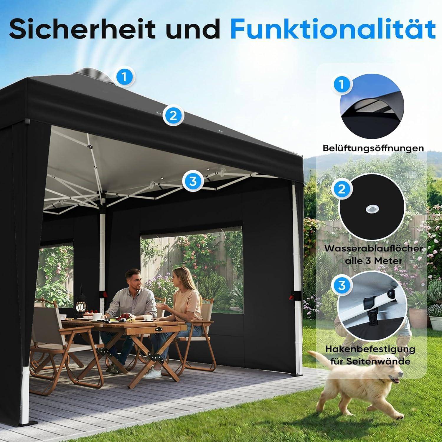 Deutsches Werbebild einer schwarzen Pop-Up-Laube mit Menschen, die darin speisen, mit der Beschriftung „Sicherheit und Funktionalität", wobei Lüftungsöffnungen, Ablöcher und Hakenbefestigungen für Seitenwände gezeigt werden.