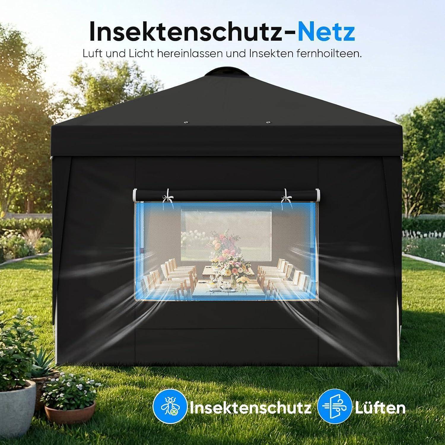 Schwarzes Outdoor-Zelt mit Mascheninsektenschutz, gekennzeichnet mit „Insektenschutz-Netz", zeigt einen geschützten Essbereich, der dennoch Luft und Licht durchlässt.