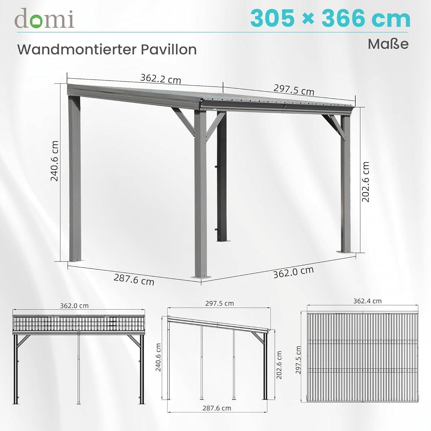 Beschriftetes Maßstabsdiagramm einer wandmontierten Pavillon-Pergola mit den Abmessungen „305 × 366 cm", das Vorder-, Seiten- und Draufsicht mit Höhen- und Breitenmessungen zeigt.