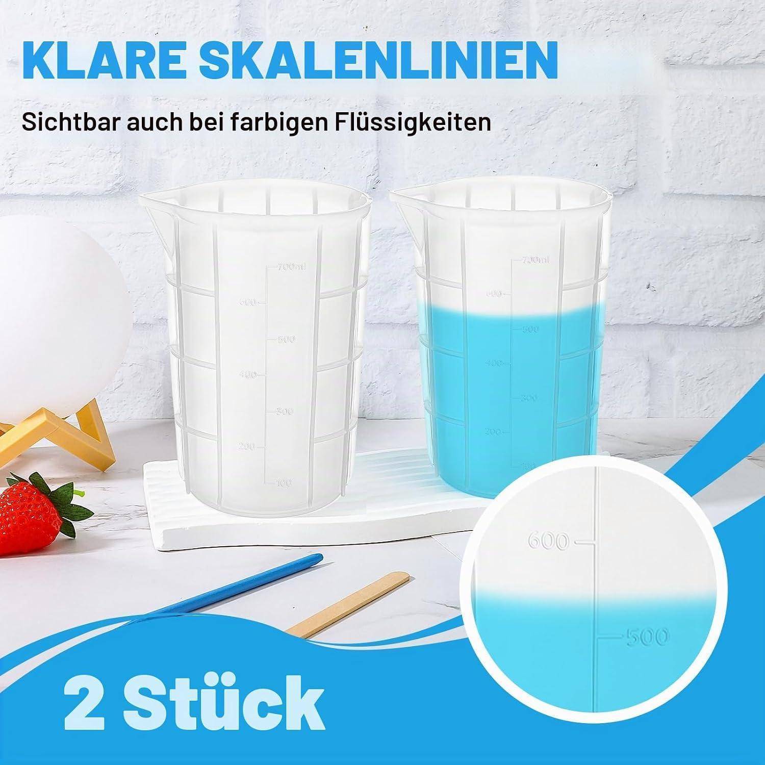 Werbebild von zwei transparenten Messbechern mit klaren Skalenlinien, einer leer und einer gefüllt mit blauer Flüssigkeit, beschriftet mit 