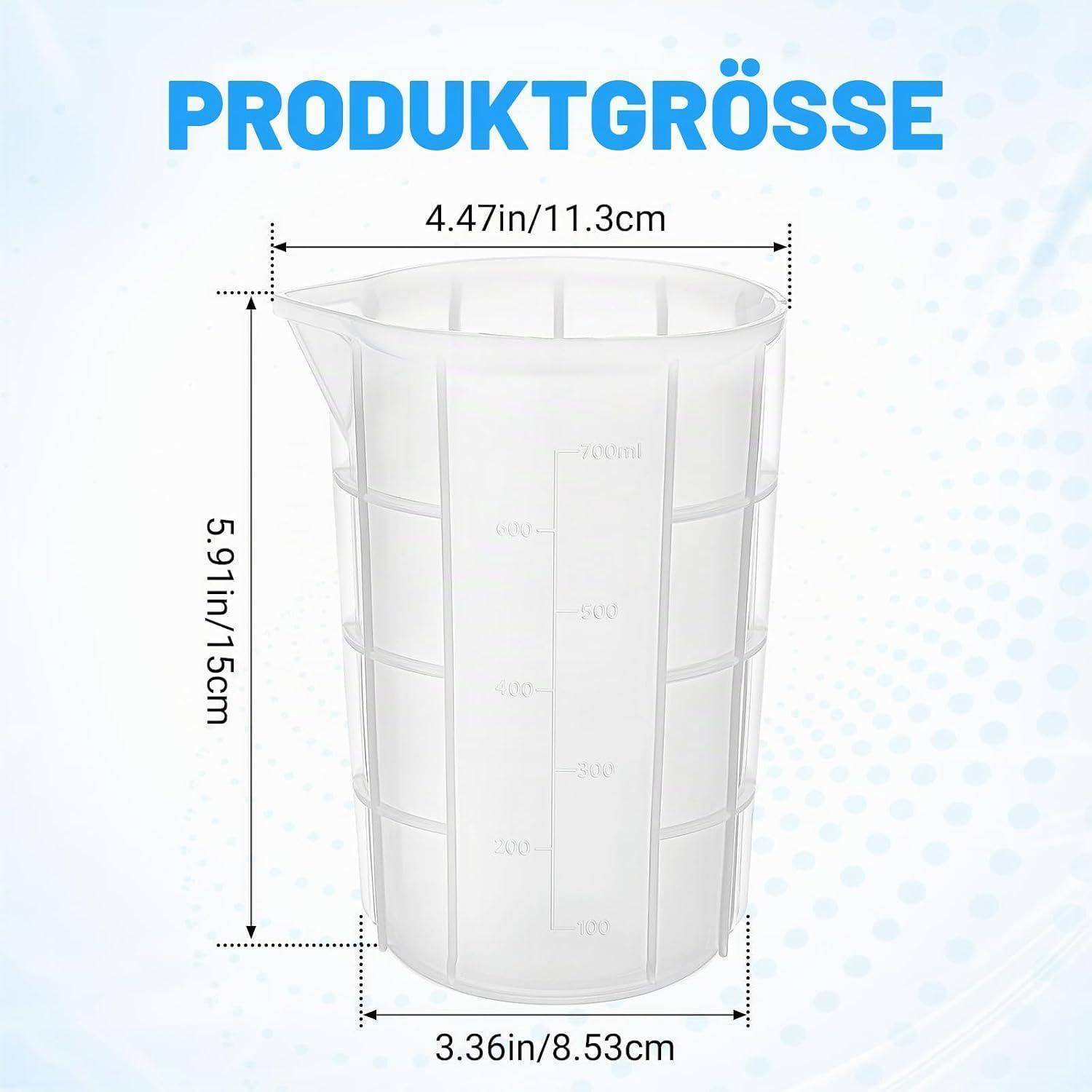 Größendiagramm eines durchsichtigen Messbechersetikett mit der Aufschrift „PRODUKTGRÖSSE