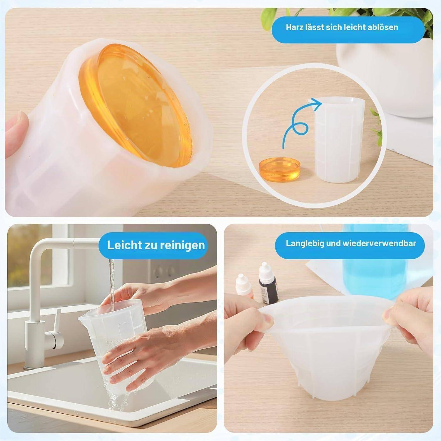 Dreiteiliges Produktbild, das eine wiederverwendbare weiße Silikonbecher/Filter zeigt, die leicht abgezogen wird, unter einem Wasserhahn gespült und zum Lagern zusammengefaltet wird; deutscher Text besagt, dass sie leicht zu entfernen, zu reinigen und langlebig/wiederverwendbar ist.