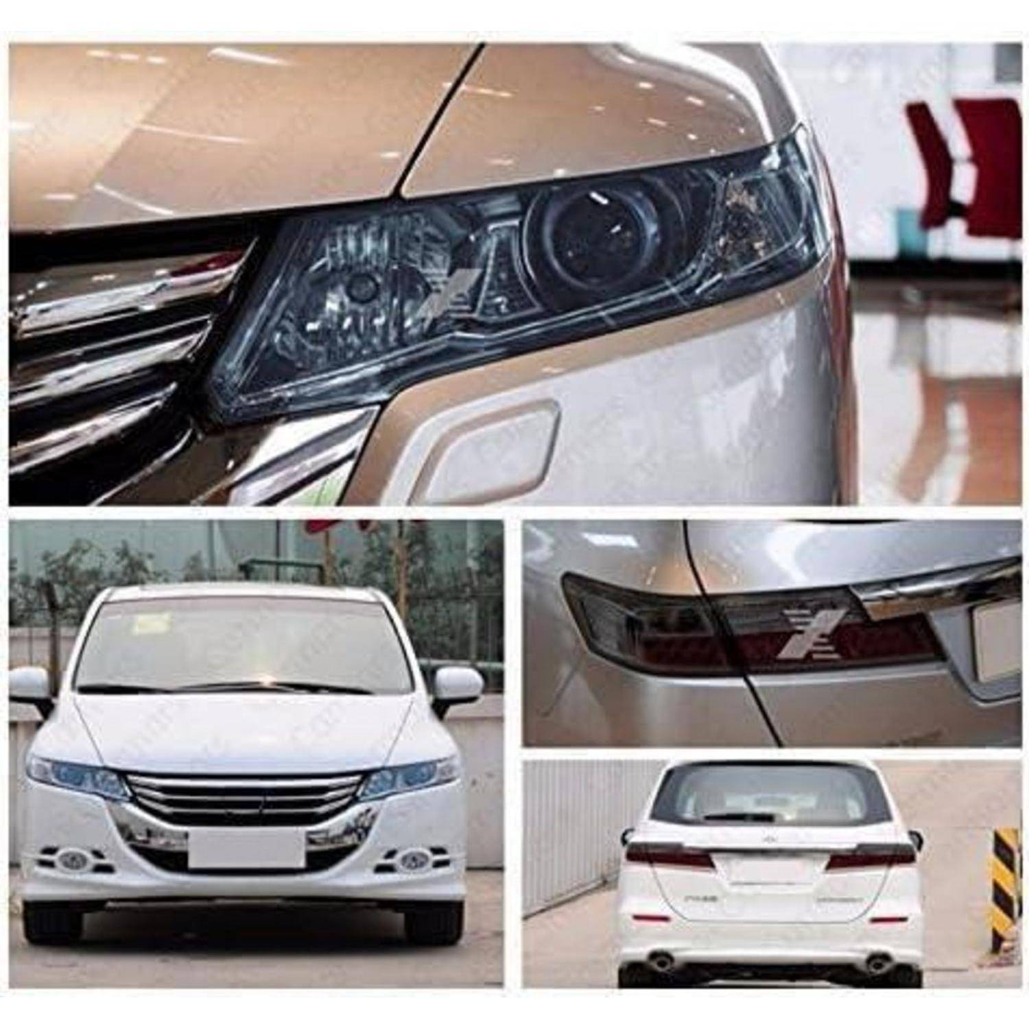 Collage eines weißen Minivans oder einer weißen Limousine aus Front-, Heck- und Nahaufnahmewinkeln, wobei die Scheinwerfer, der Kühlergrill und die Rückleuchten in einer Ausstellungshalle oder einem Parkplatz hervorgehoben werden.