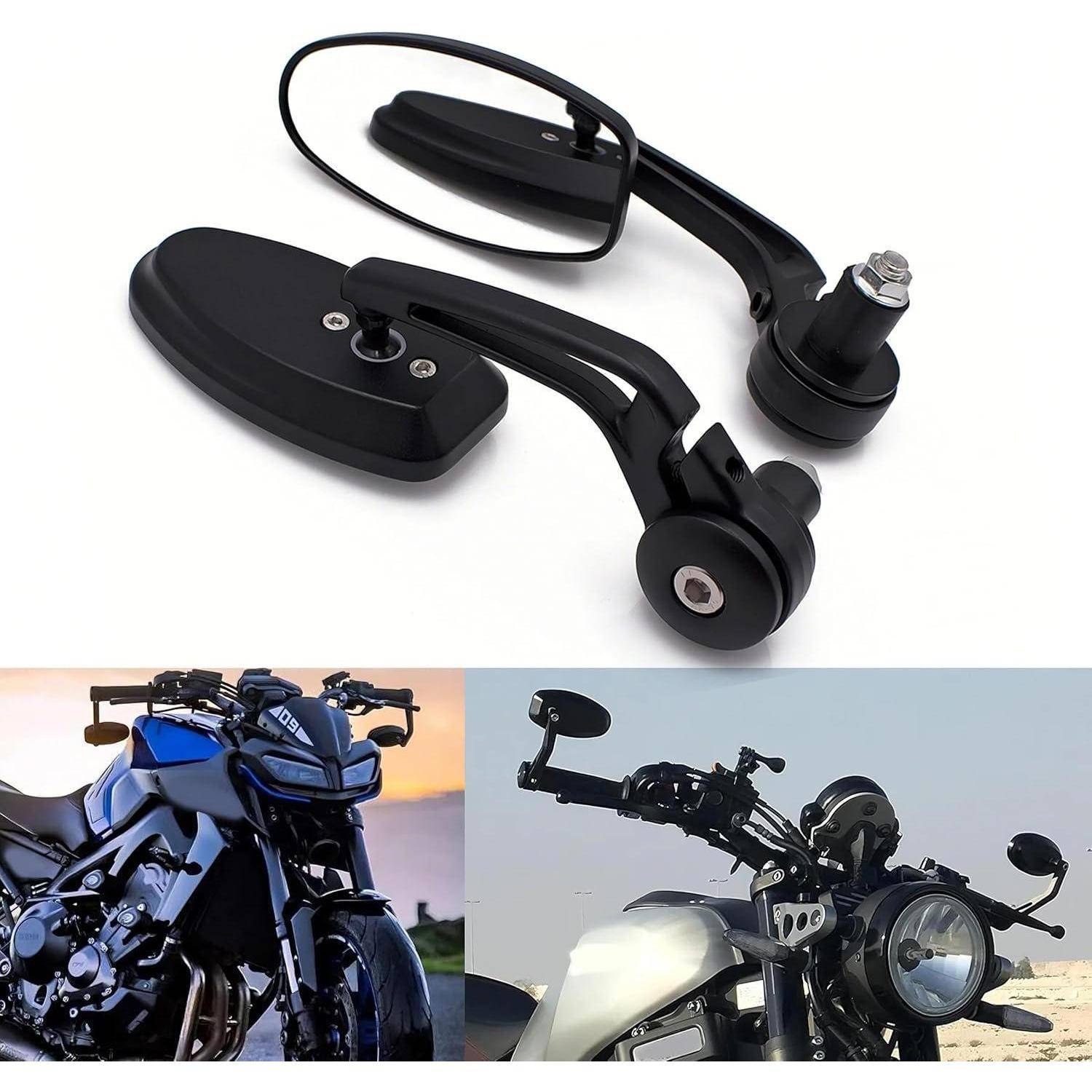 Schwarze Motorradlenkerersatzspiegel und ein Endstangenspiegel, mit Beispielen, die auf Motorrädern montiert sind.