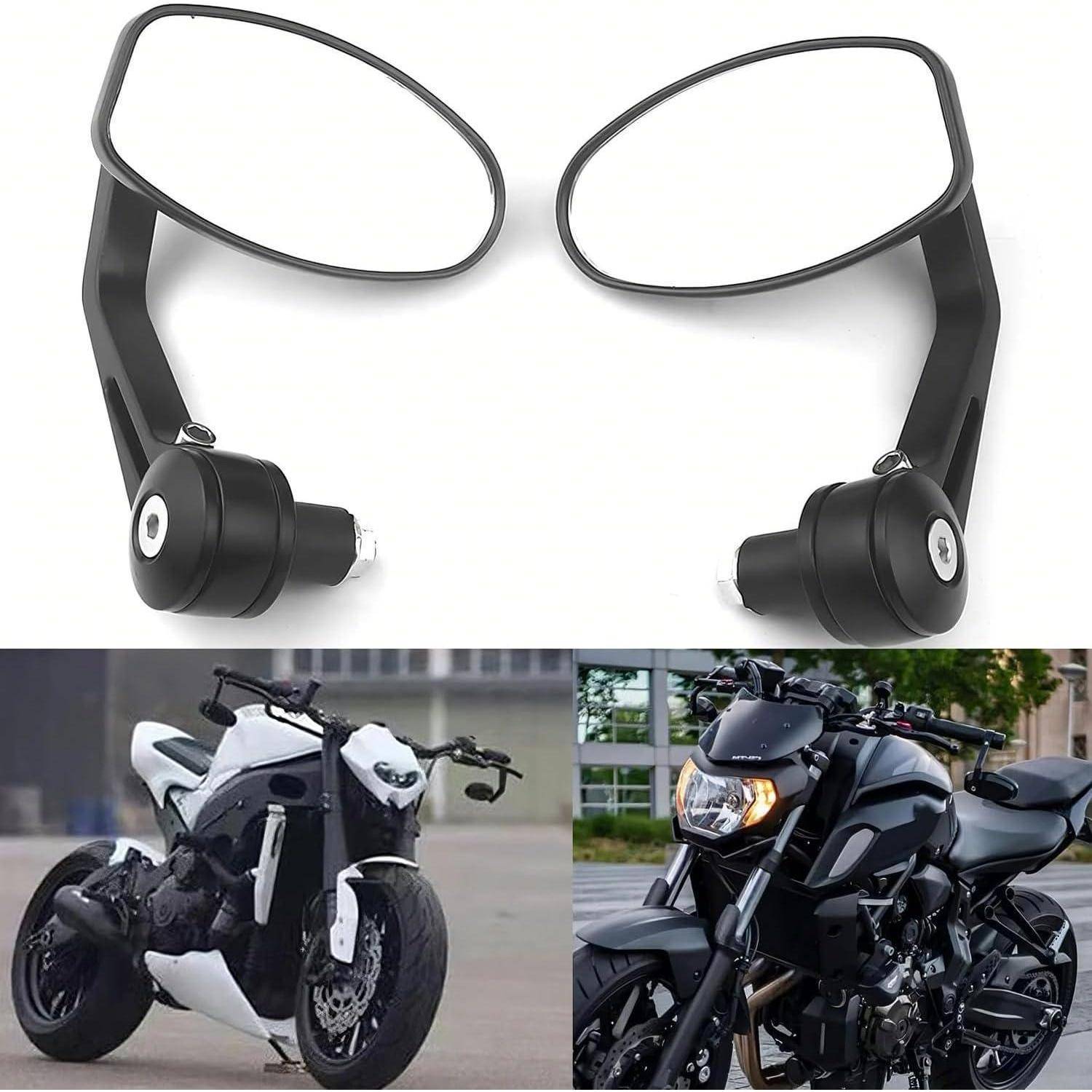 Motorradspiegels mit zwei unten dargestellten Beispielmotorrädern: einem weißen Sportmotorrad und einem schwarzen Naked Bike.