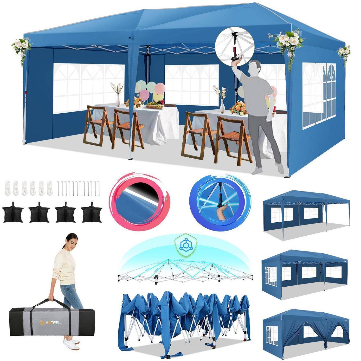 Collage mit einem blauen Pop-Up-Pavillon mit Seitenwänden, Blumendekorationen, gewichteten Ankern, Aufbewahrungstasche und Faltrahmen-Zusammenbau.