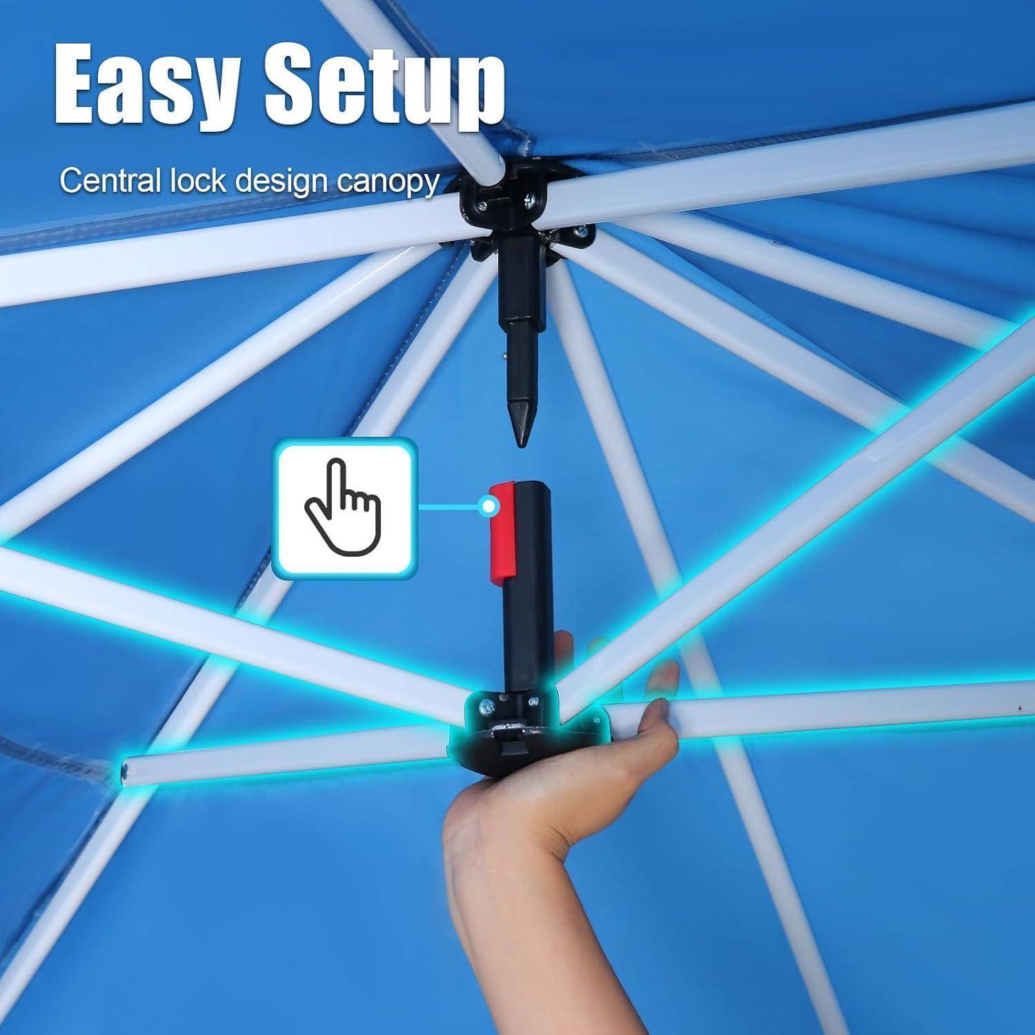 Regenschirmdach mit zentralem Verschlusssystem und Text "Easy Setup"", wobei eine Hand den Stabmechanismus verriegelt.