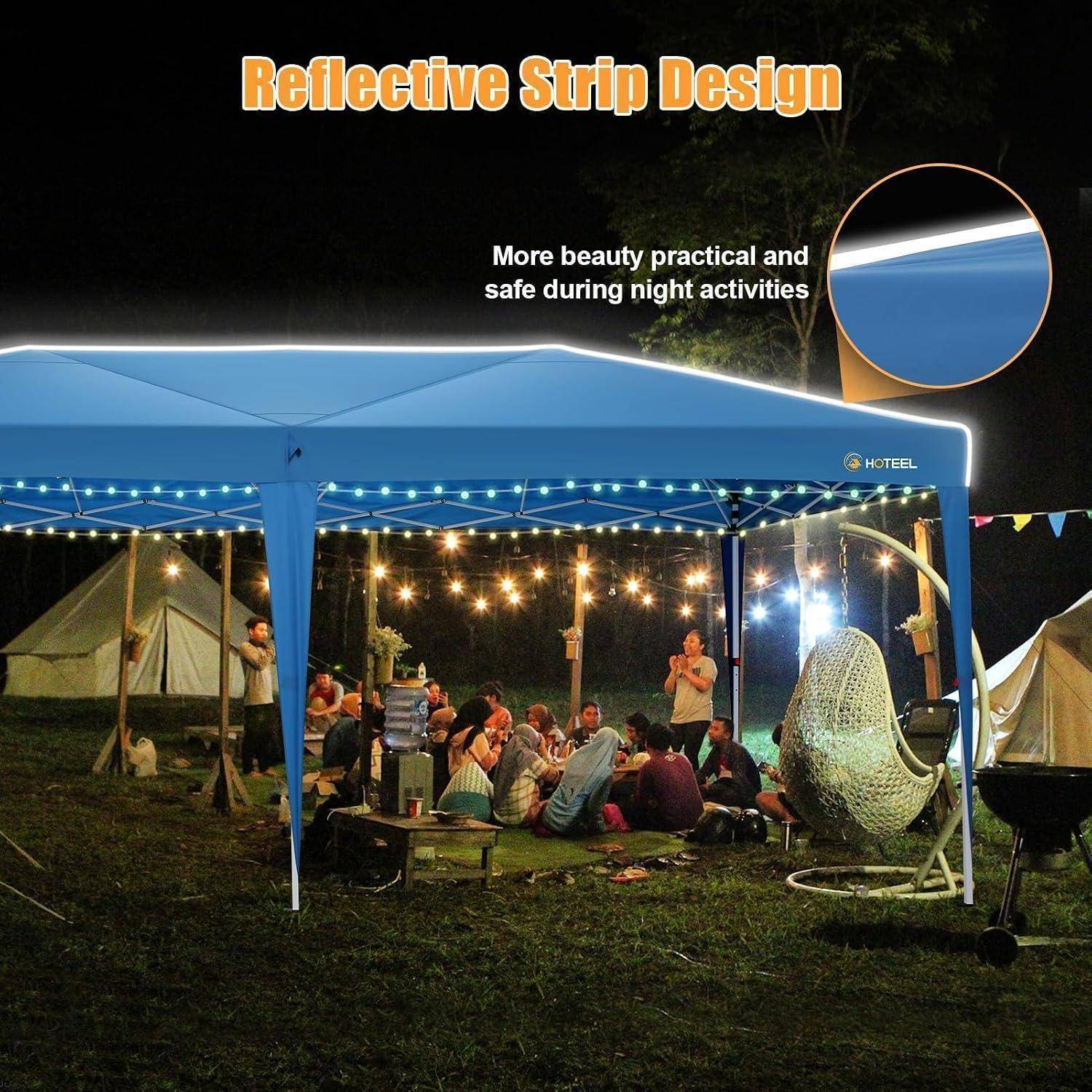 Nachtcamping unter einem blauen Kuppelzelt mit Lichterketten; der Text hebt "Reflektives Streifendesign"" für bessere Sichtbarkeit bei Nacht hervor, mit einer Nahaufnahme des reflektiven Streifens.
