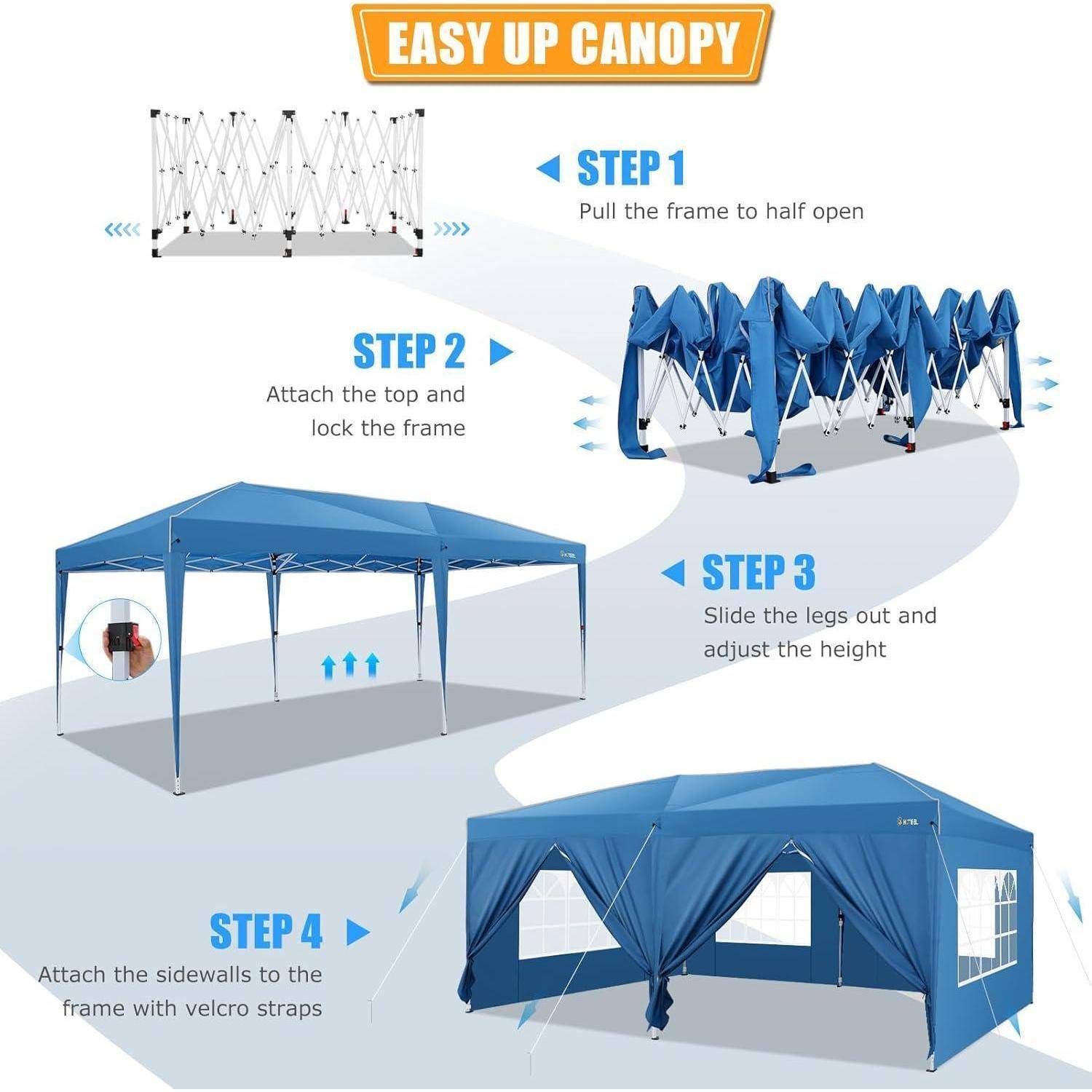 Infografik zum Aufbau eines „Easy Up Canopy" in 4 Schritten: Rahmen zur Hälfte öffnen, Dach anbringen und verriegeln, Beine ausfahren, um die Höhe einzustellen, dann Seitenwände mit Klettverschlussriemen hinzufügen.