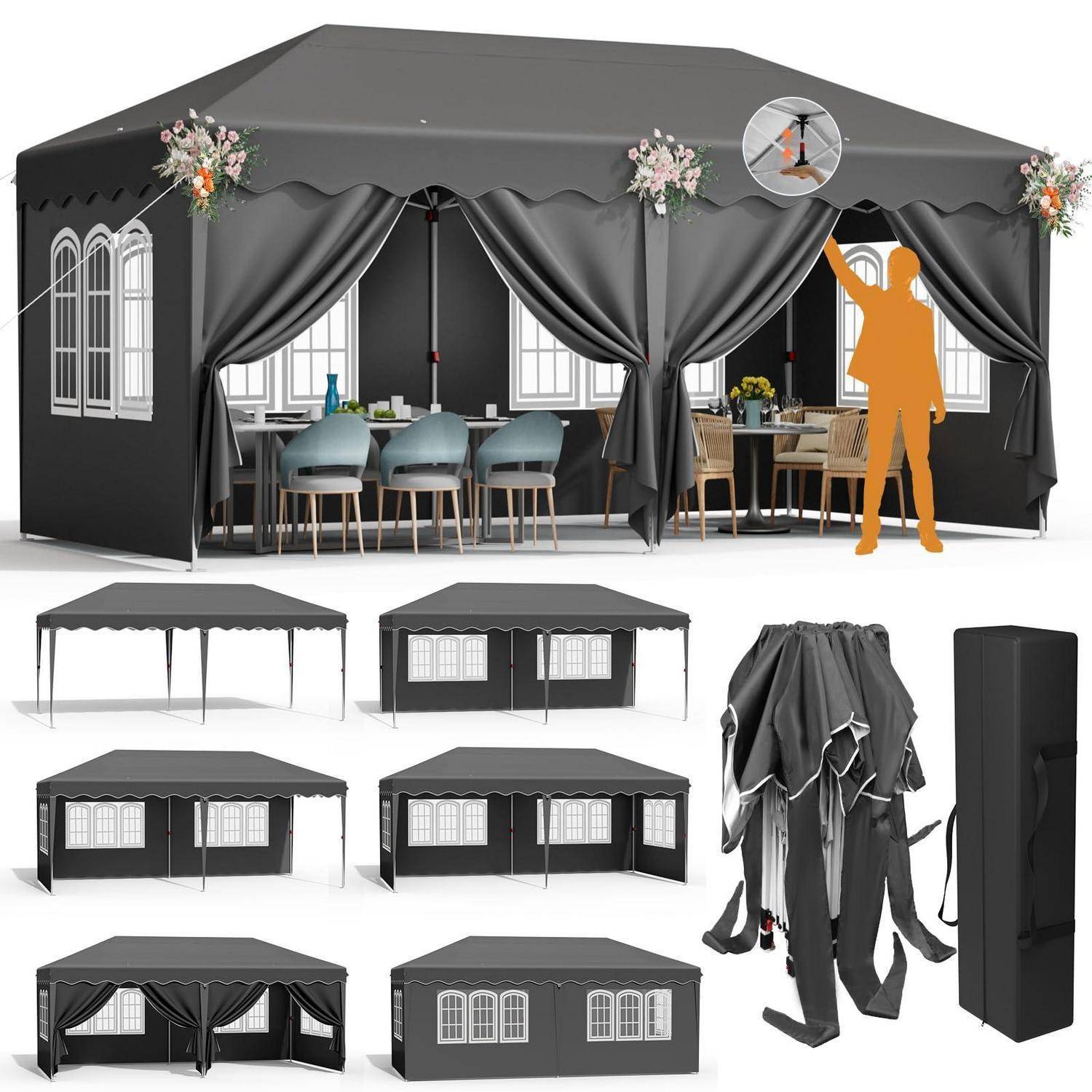 Illustration eines schwarzen Outdoor-Zeltpavillons mit drapiertem Vorhang, Fenstern, Blumenakzenten und Essbereich-Setup, plus Detailansichten der Montagestadien und gefalteter Aufbewahrungstasche.