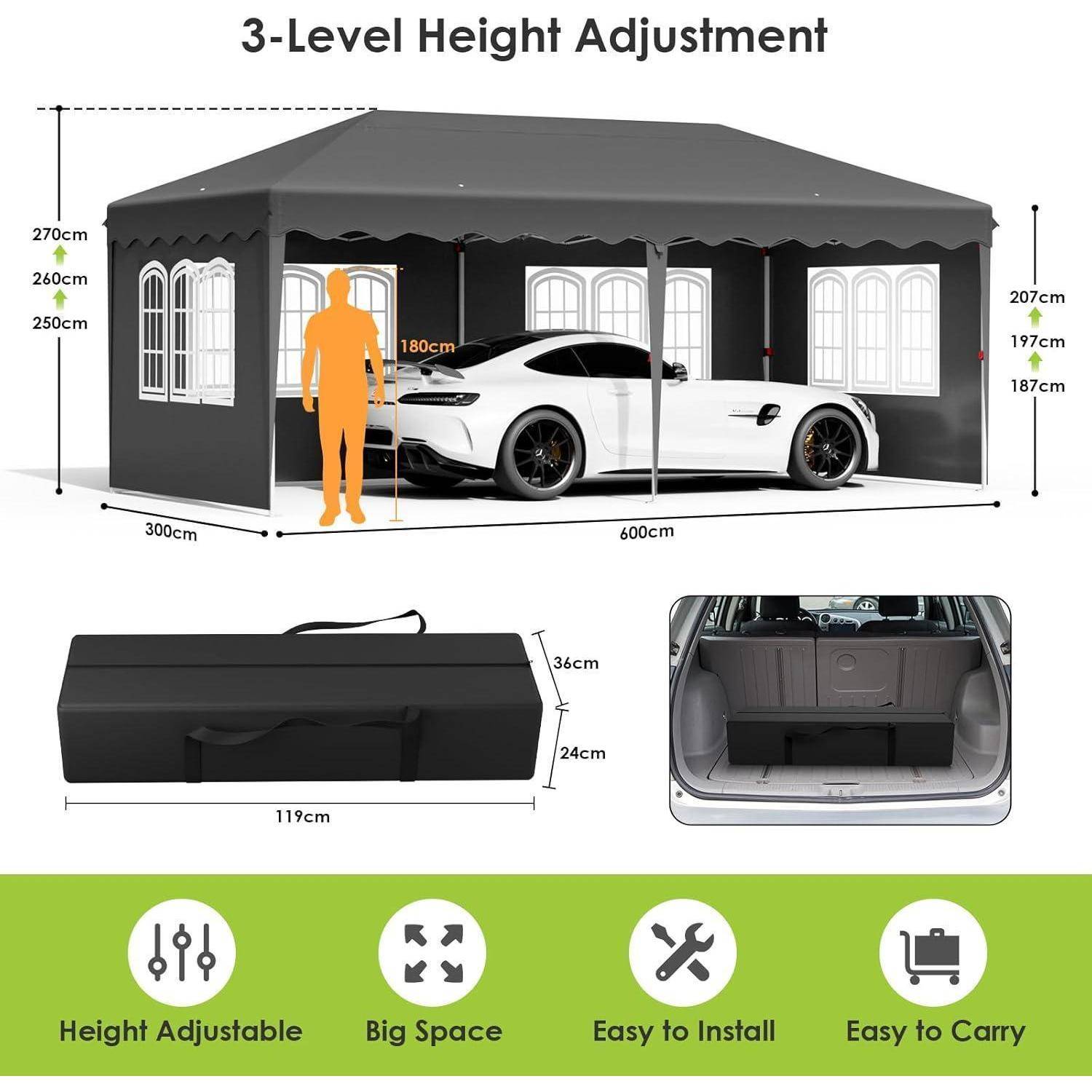 Produktdiagramm eines Autozoelts mit „3-stufiger Höhenverstellung", das Abmessungen, ein Auto im Inneren, eine Aufbewahrungstasche, Kofferraumpassform und Symbole für verstellbar, geräumig, einfache Montage und tragbar zeigt.